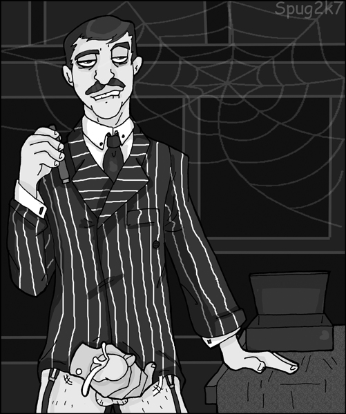 2d arm_up background biting_lip bottomless bottomless_male cum disembodied_hand duo ejaculation facial_hair front_view garter_straps genitals gomez_addams hair hairy hairy_legs hairy_male handjob holding_object male_only moustache necktie neckwear parted_lips partially_clothed penis shirt short_hair spider_web spug standing table teeth the_addams_family thing_(addams_family)