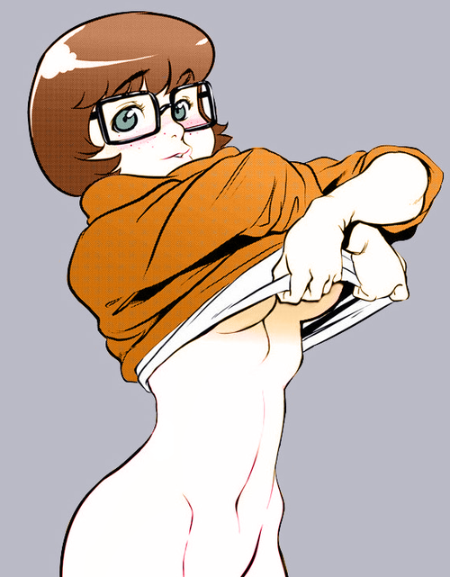 2d, 2d (artwork), bottomless, breasts, brown hair, female, female only, freckles, glasses, hanna-barbera, navel, qiqo, scooby-doo, shirt lift, slender waist, solo, solo female, sweater, underboob, velma dinkley