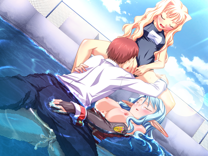 blonde_hair blue_hair blush bottomless breasts cleo_cragganmore closed_eyes cum cum_in_pussy cum_inside female game_cg harem_party male multiple_girls penis pool pussy sex sofisutia_gushigusu straight swimsuit uncensored vaginal_penetration water wet