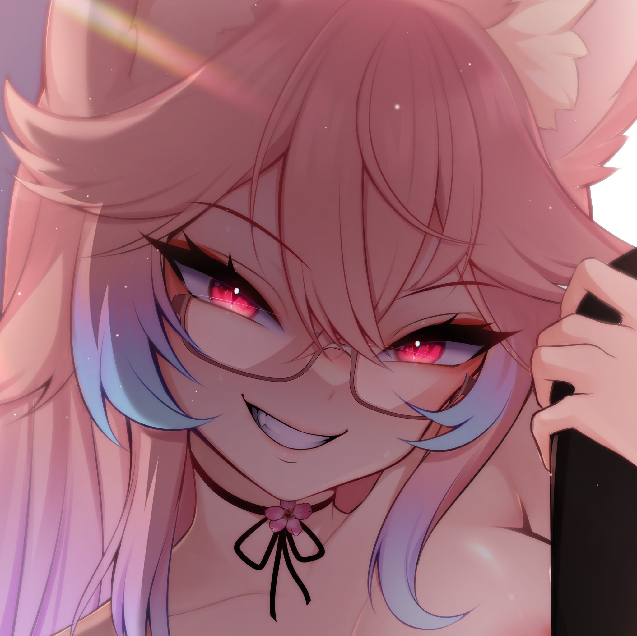 1girls, female, fox ears, fox girl, glasses, horny, lightmotif, looking at viewer, naked, nayami, nayami chan, peachfox, pink hair, red eyes, smile, smiling, virtual youtuber, vtuber