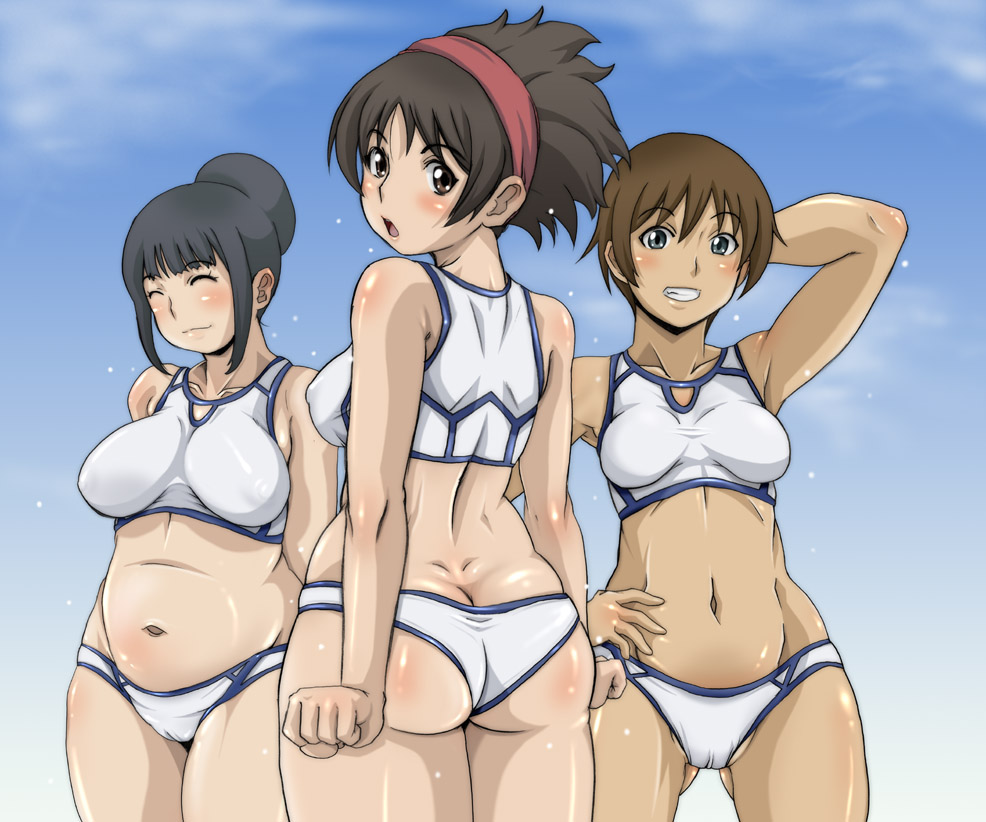 armpits ass ass_cleavage bikini black_hair blush brown_hair butt_crack cameltoe curvy dark_skin hairband happy hips hirokawa_hiroshi hirokawa_kouichirou itou_yukino medium_breasts mikomoto_sayaka minamo_aoi obese plump rd_sennou_chousashitsu real_drive sayaka_mikomoto short_hair small_breasts smile sweat swimsuit tomboy very_short_hair wide_hips yukino_itou