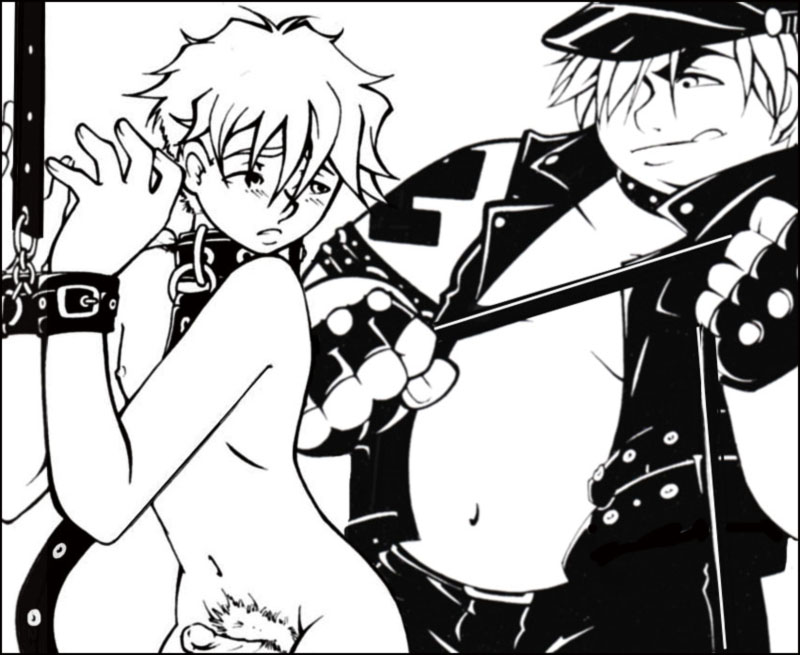 2boys bondage bound_wrists collar darkpenguin eric_cartman fat gay leash leopold_butters_stotch male male_only monochrome penis south_park uncensored uniform whip yaoi