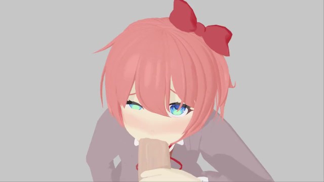 blue eyes, cheek bulge, dark skin, dark-skinned male, doki doki literature club, fellatio, female, light skin, light-skinned female, male, male pov, oral, penis, pov, pov eye contact, sayori (doki doki literature club)