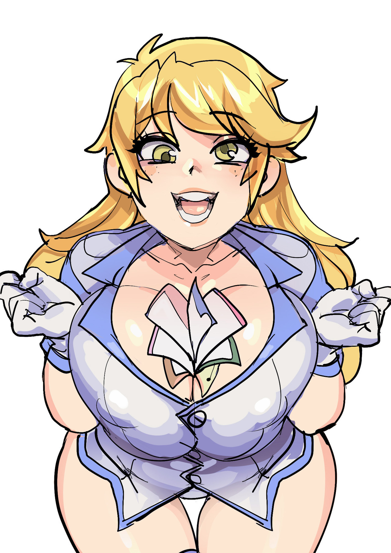 1girls, blonde hair, blush, breasts, derpy hooves, female, freckles, friendship is magic, gloves, large breasts, long hair, maniacpaint, my little pony, smile, solo, yellow eyes