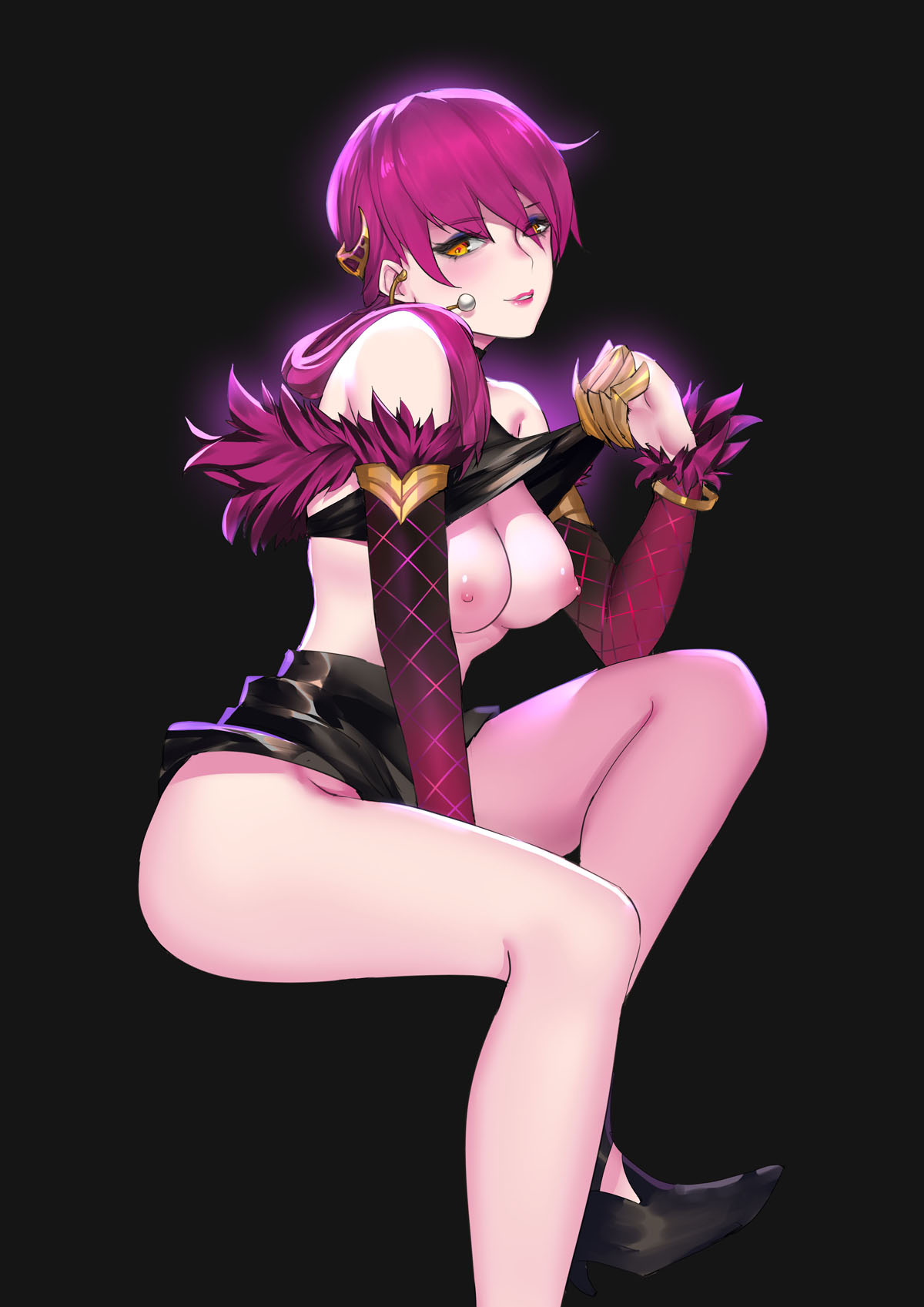 1girls, alternate costume, areolae, big breasts, bottomless, breasts, cleavage, evelynn, female, female only, k/da evelynn, k/da series, large breasts, league of legends, lipstick, long hair, looking at viewer, nipples, pd, pink hair, presenting breasts, shirt lift, sitting, solo, thick thighs, thighs, yellow eyes