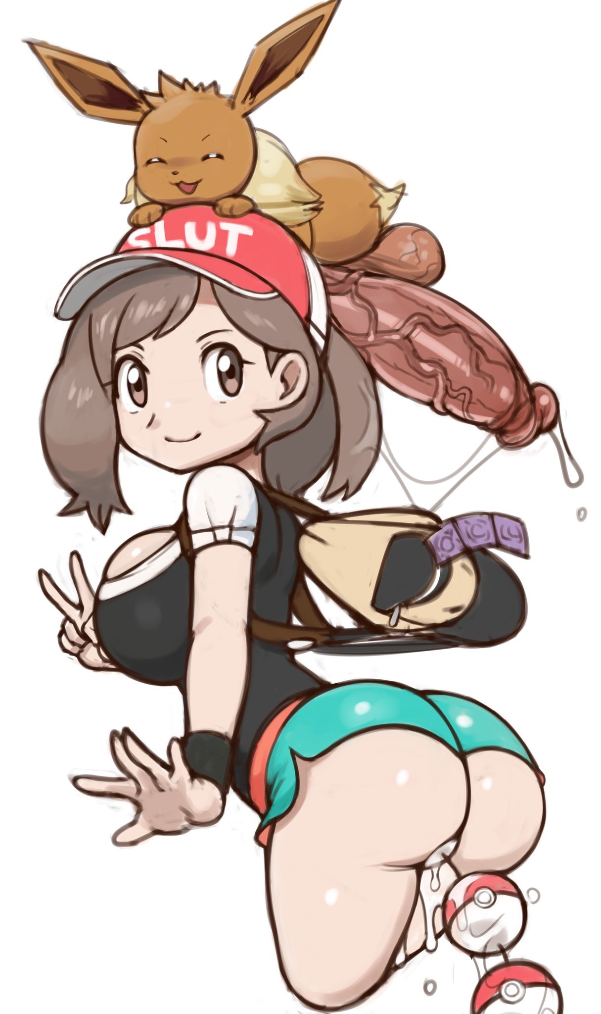 1boy, 1girls, 3 toes, alternate breast size, anal beads, anal beads pull, ass, backpack, bag, balls, bestiality, big ass, big balls, big ears, big testicles, breasts, brown eyes, brown fur, bubble ass, bubble butt, busty, cleavage, clothed, clothed female nude male, clothing, condom, condom wrapper, eevee, elaine (pokemon), erection, eyelashes, fat, feet, female, feral, furry, grey impact, hat, huge balls, huge breasts, huge penis, huge testicles, human, humanoid penis, hyper, hyper balls, hyper penis, hyper testicles, interspecies, large breasts, long ears, long hair, long penis, looking at viewer, looking back, male, male pokemon/female human, nude, on top, paws, penis, poke ball, poke ball insertion, pokemon, pokemon (species), pokemon lgpe, pokemon rgby, ponytail, precum, pussy, pussy juice, sex toy, shirt, shorts, side view, sketch, small but hung, smile, source request, tagme, tail, teenage female, teenager, testicles, text, thick penis, thick thighs, veins, veiny balls, veiny penis, veiny testicles, wet, white background, wide hips, young, zoophilia
