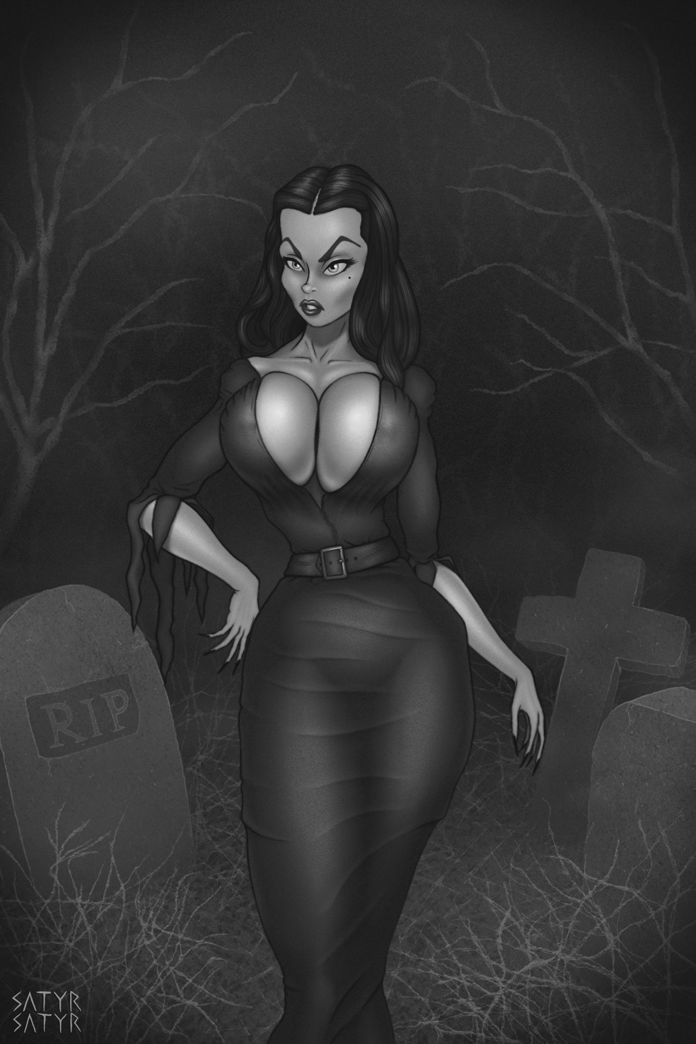 1girls, beauty mark, big breasts, bimbo, bimbofication, black dress, black hair, breasts, busty, celebrity, cleavage, dark forest, dark hair, female, female only, fog, goth, gothic, hourglass figure, huge breasts, long hair, long nails, maila nurmi, monochrome, pinup, real person, satyrsatyr, solo, tagme, the vampira show, tombstones, vampira, vampire, voluptuous