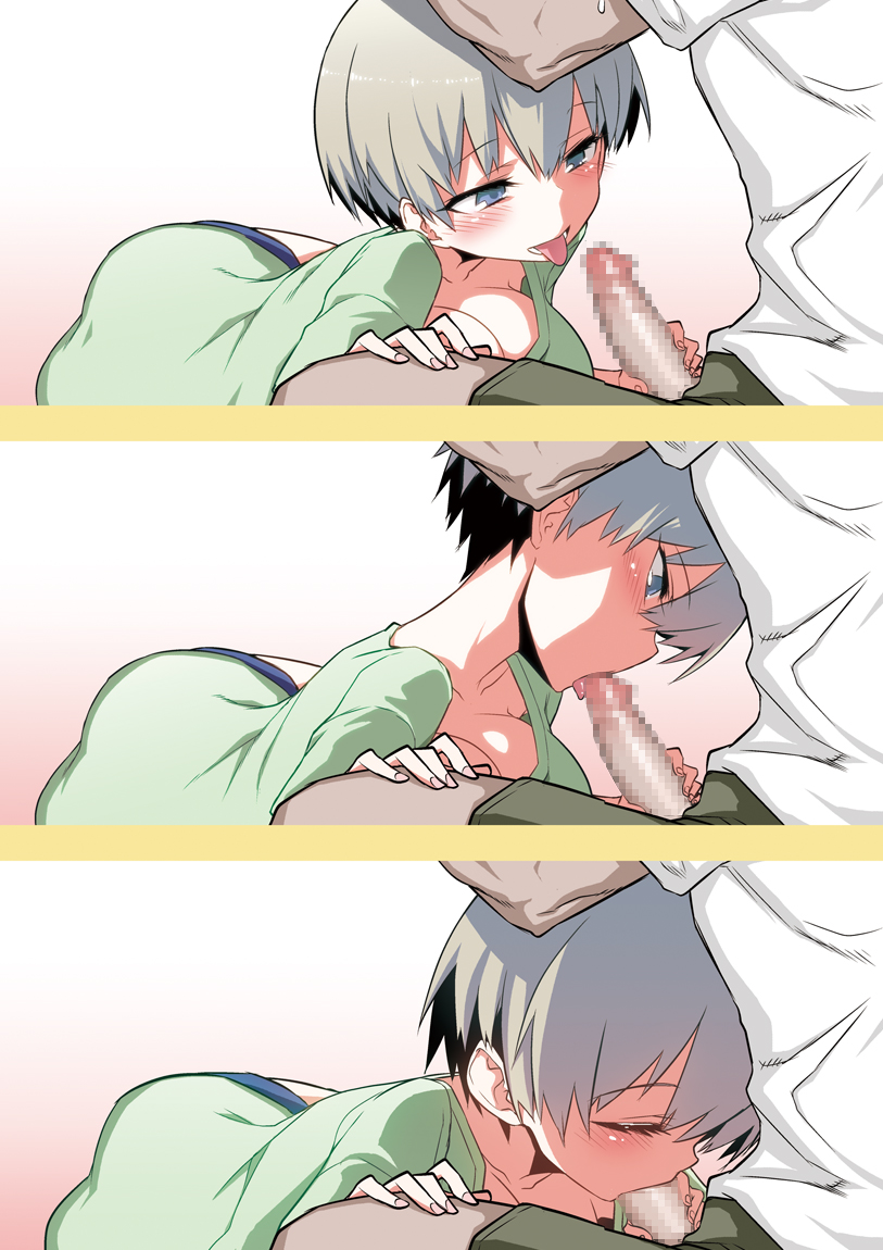 1boy 1girls blowjob blue_eyes blush breasts censored closed_eyes cute cute_fang erection eyebrows_visible_through_hair eyelashes fellatio female fringe gradient gradient_background green_shirt grey_hair hair_between_eyes hitotose_rin large_breasts light_skin lying_on_side mosaic_censoring open_mouth oral pale_skin penis sakurai_shinichi schoolgirl shirt short_hair silver_hair simple_background straight teenager tongue tongue_out two_tone_hair uzaki-chan_wa_asobitai! uzaki_hana white_shirt