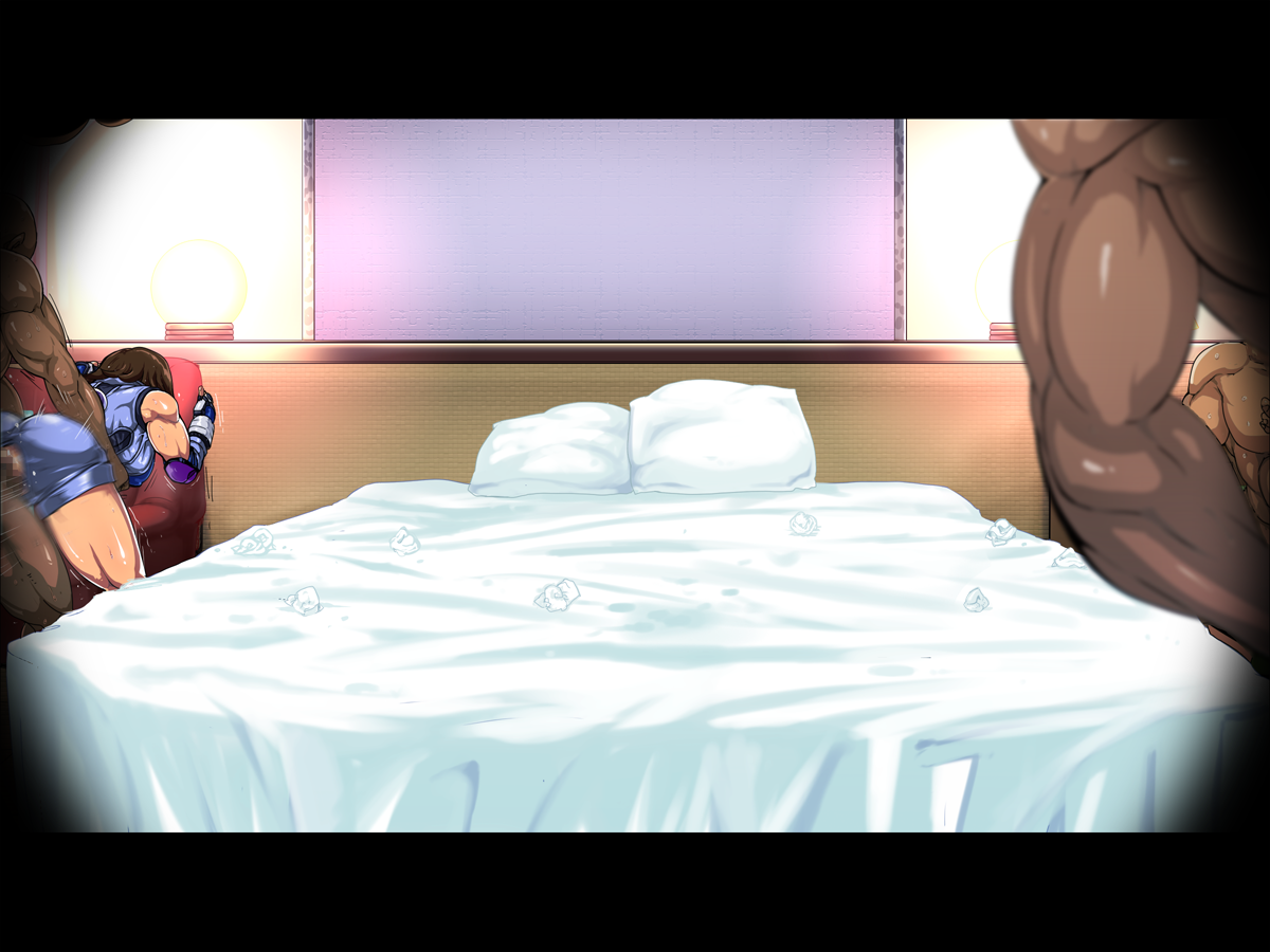 1girls, against wall, bed, bent over, black border, border, breasts, brown hair, censored, clothed female nude male, crotchless, dark skin, dark-skinned male, elbow pads, female, from behind, group sex, highres, huge breasts, indoors, interracial, jumpsuit, kazama asuka, legs, male, moaning, mosaic censoring, motion blur, muscular, muscular female, nude, penis, pillow, pussy, raburebo, rough sex, sex, short hair, sitting, standing, straight, tekken, thighs, tissue, tomboy, trembling, vaginal penetration, waguchi shouka, wall
