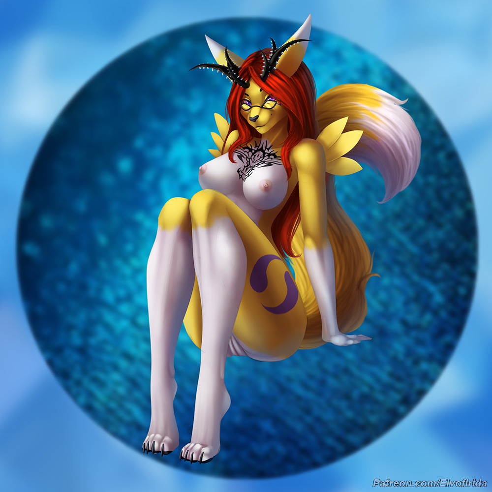 2018 4_toes anthro areola breasts digimon elvofirida eyewear female glasses hair hybrid nipples pussy red_hair renamon smile solo toes