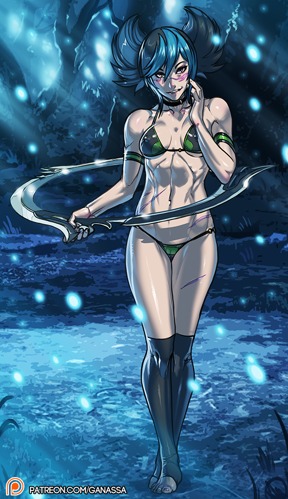 bikini blue_hair cleavage female ganassa kneesocks namco solo soul_calibur standing tira toeless_legwear weapon