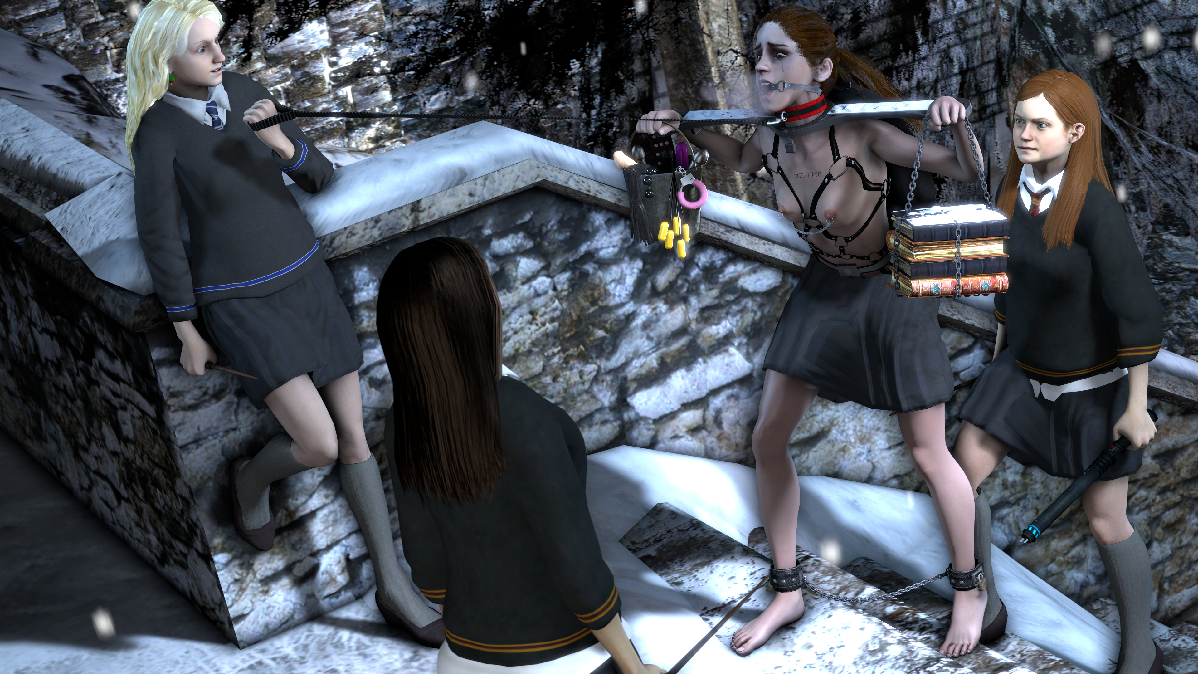 3d, 4girls, ankle cuffs, areolae, barefoot, being watched, bitch taken for walk, blonde hair, bondage, bonnie wright, book, breasts, brown hair, bucket, bullying, carrying, carrying books, cattle prod, chains, cho chang, cold, collar, domination, electricity, electrocution, emma watson, english text, erect nipples, evanna lynch, exhibitionism, feet, female, female only, female with female, femdom, femsub, fetish wear, ff7sfm, footwear, full body, gag, gagged, ginny weasley, grey clothing, gryffindor, gryffindor tie, hair, harness, harry potter, hermione granger, holding book, holding bucket, holding leash, holding object, holding wand, holding weapon, humiliated, inter-house, kneehighs, knees, leash, leash pull, leg up, lezdom, long hair, long sleeves, luna lovegood, magic user, miniskirt, multiple females, multiple girls, nipple chain, nipple piercing, nipples, piercing, public, public exposure, public humiliation, public nudity, pulling, pulling leash, ranged weapon, ravenclaw, ravenclaw tie, red hair, school uniform, schoolgirl, shirt, shoes, side view, skirt, slave, sleeves, small breasts, snow, socks, source filmmaker, spread anus, stairs, standing, standing on one leg, steam, steamy breath, steel bondage, straight hair, student, submissive, tattoo, text, topless, uniform, voyeur, walking, wand, weapon, winter, witch (harry potter), yuri