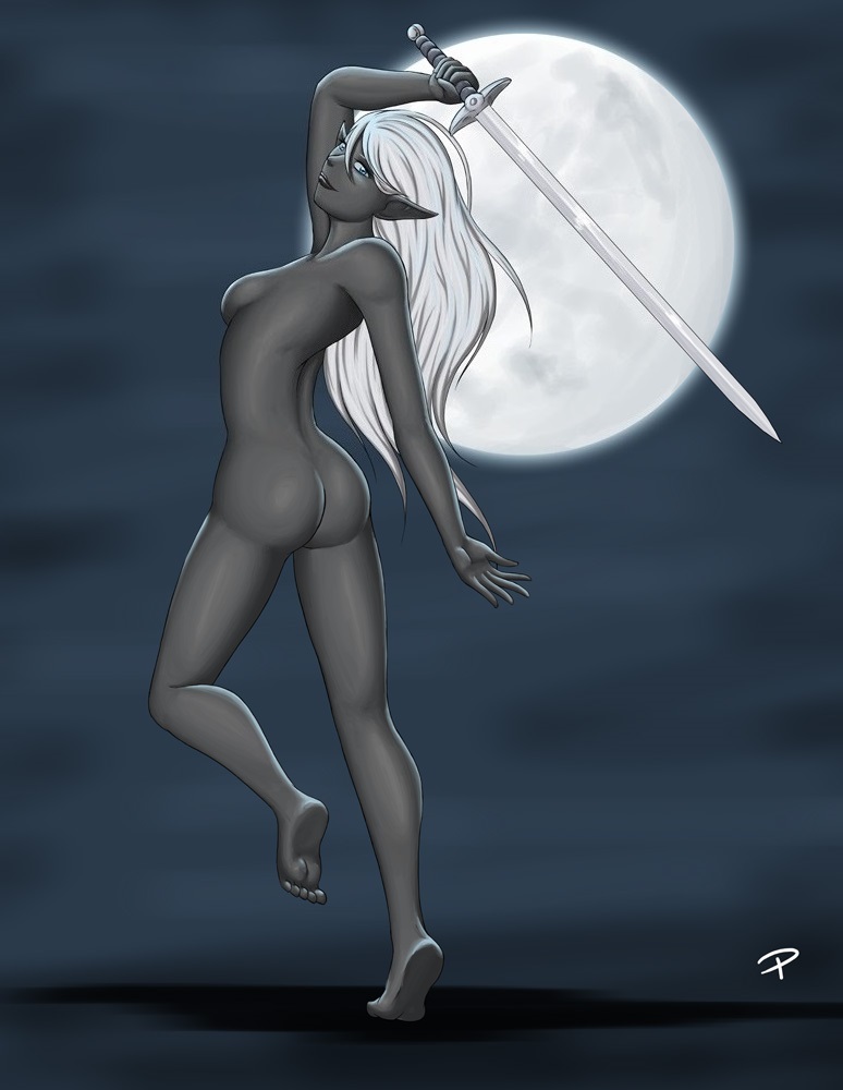 1girls ass big_ass big_thighs black_lips black_lipstick blue_eyes breasts curvaceous curvy dark-skinned_female dark_elf dark_lips dark_lipstick dark_skin drow dungeons_and_dragons eilistraee elf elf_female feet female female_only forgotten_realms goddess lips long_hair long_legs moon night nude nude_female piroro shiny_skin silver_hair smile soles sword thick thick_thighs thighs toes white_hair wide_hips