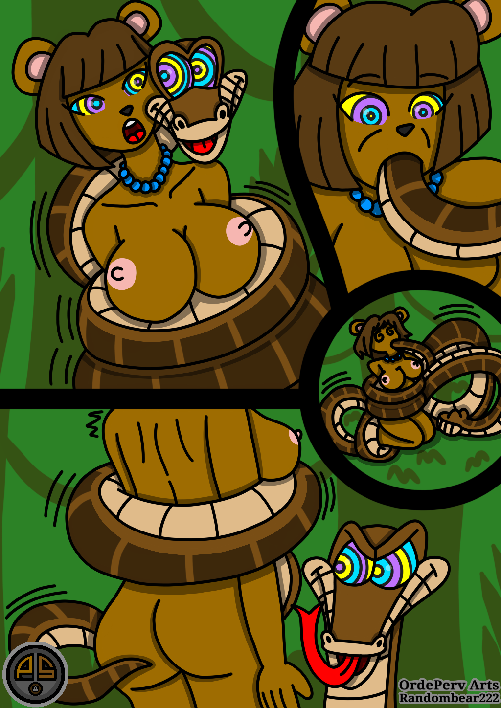 black_nose breasts comic disney female fur hair hypnosis kaa male mammal mind_control nipples nude open_mouth ordeper_arts pink_nipples randombear222 reptile scalie simple_background snake straight teddi the_jungle_book tongue tongue_out ursine