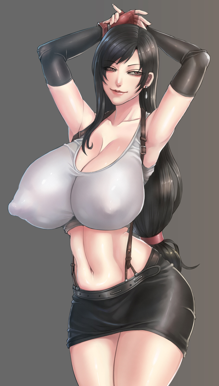 breasts, erect nipples under clothes, female, final fantasy, final fantasy vii, huge breasts, okai, puffy nipples, solo, standing, tagme, thick thighs, tifa lockhart