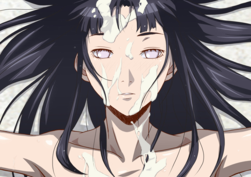 1girls, after sex, black hair, black-haired female, cum, cum on face, cum on upper body, cumshot, female, female only, hyuuga hinata, kyabakurabakufu, naruto, naruto (series), naruto shippuden, solo, solo focus