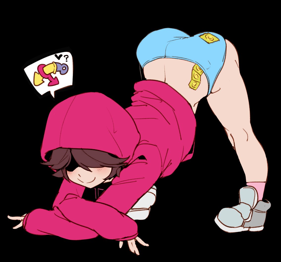 1boy, ass, ass hanging out, ass hanging out of shorts, ass up, blush, booty shorts, brown hair, doppel, eyes covered, femboy, girly, hoodie, male, male only, male symbol, mars symbol, presenting, shoes, shorts, simple background, smile, sneakers, solo, streetwear, tagme