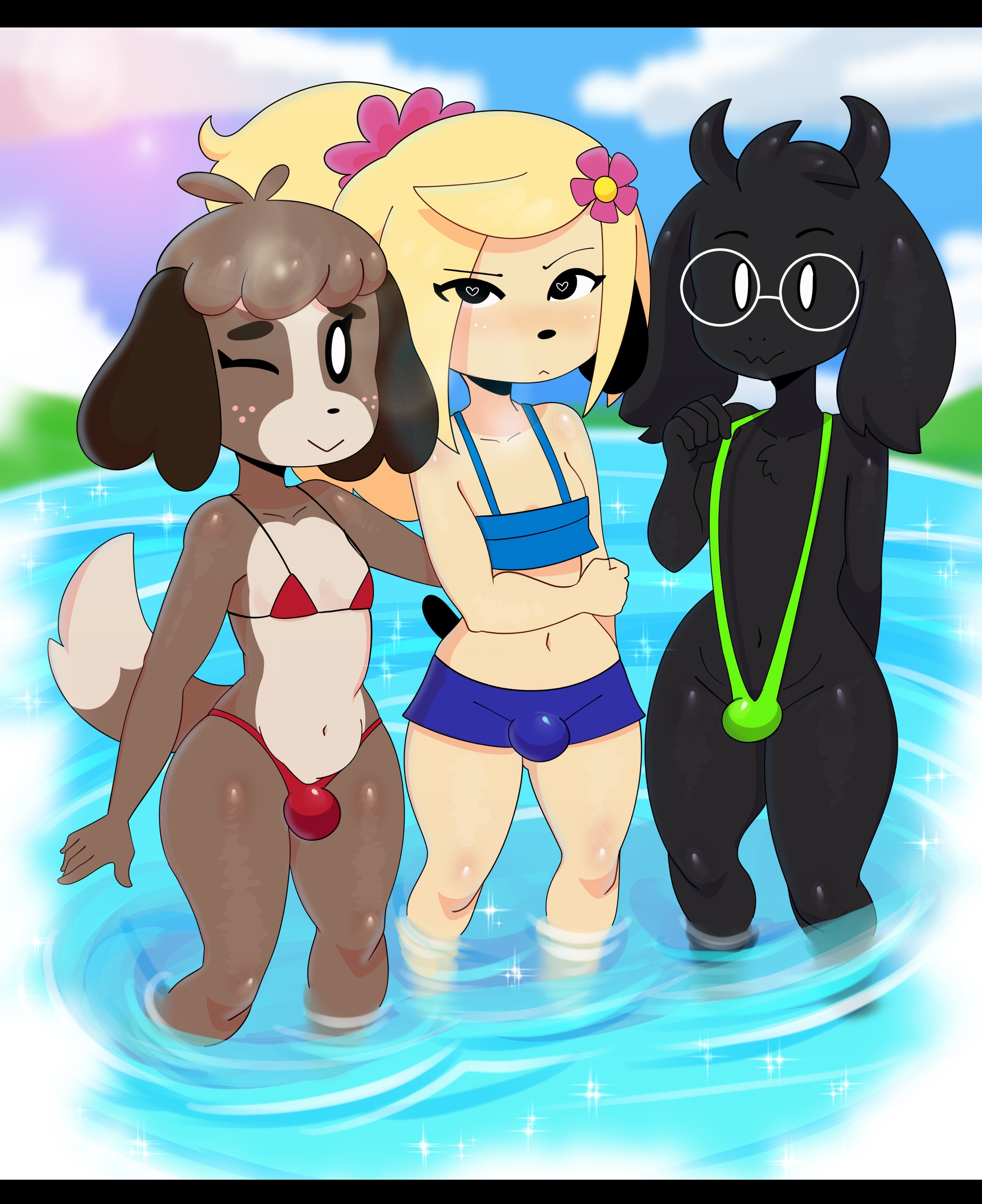 2018, 3boys, absurd res, absurdres, androgynous, animal crossing, anthro, bikini, blonde hair, bulge, canine, caprine, crossdressing, crossover, deltarune, digby (animal crossing), eyelashes, eyes visible through hair, femboy, flower, freckles, fur, furry, furry only, girly, glasses, goat, hair flower, heart-shaped pupils, horns, long ears, long hair, looking at viewer, male, male only, nintendo, outdoors, parappa, parappa the rapper, parappa the trappa, partially clothed, ponytail, pool, poolside, ralsei, ralsei with black fur, somescrub, string bikini, trap, wink