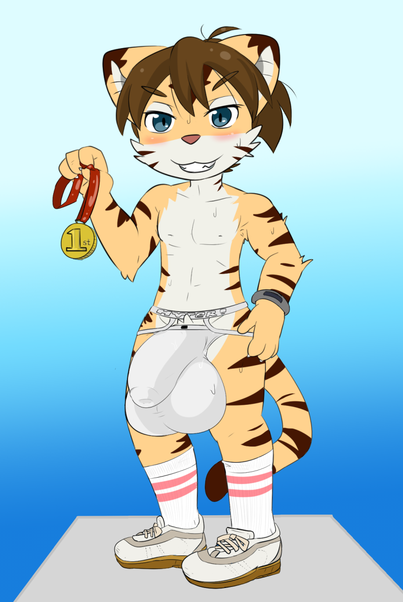 2018 balls big_balls big_bulge big_penis blue_eyes blush bulge clothing feline grin inubashiri jockstrap male male_only mammal medal nipples penis smile solo sweat tiger underwear young