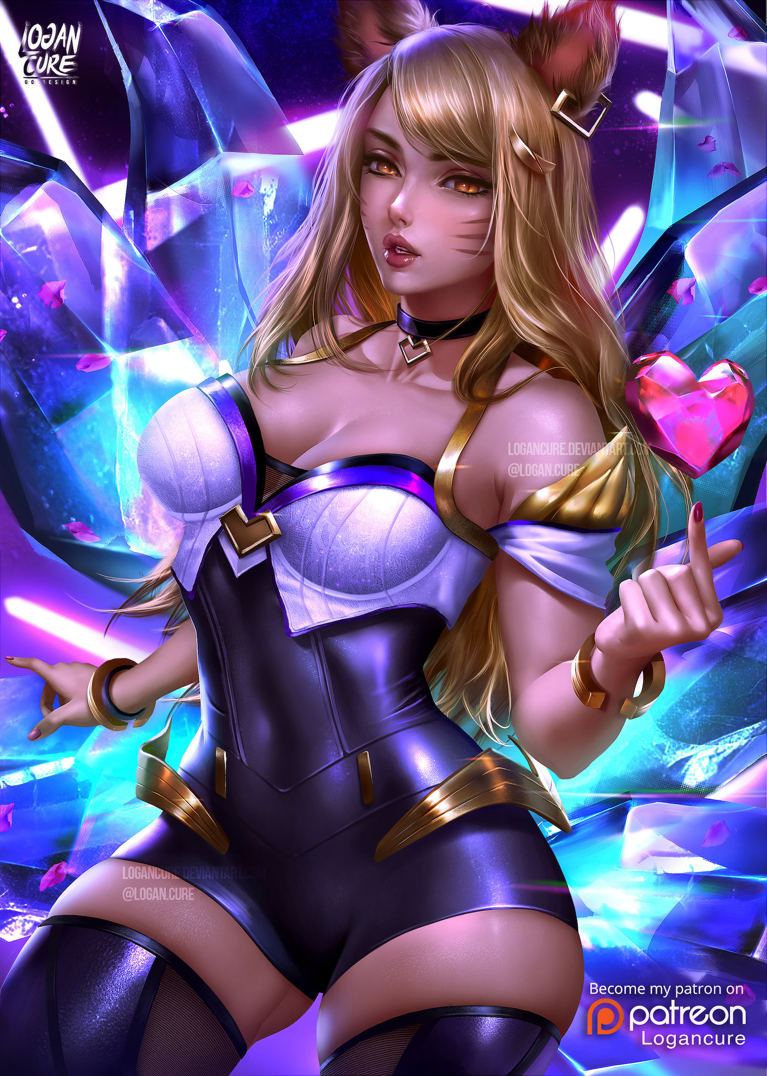 ahri, alternate costume, blonde hair, breasts, cleavage, female, female only, k/da ahri, k/da series, league of legends, lipstick, logan cure, looking at viewer, solo, thighhighs