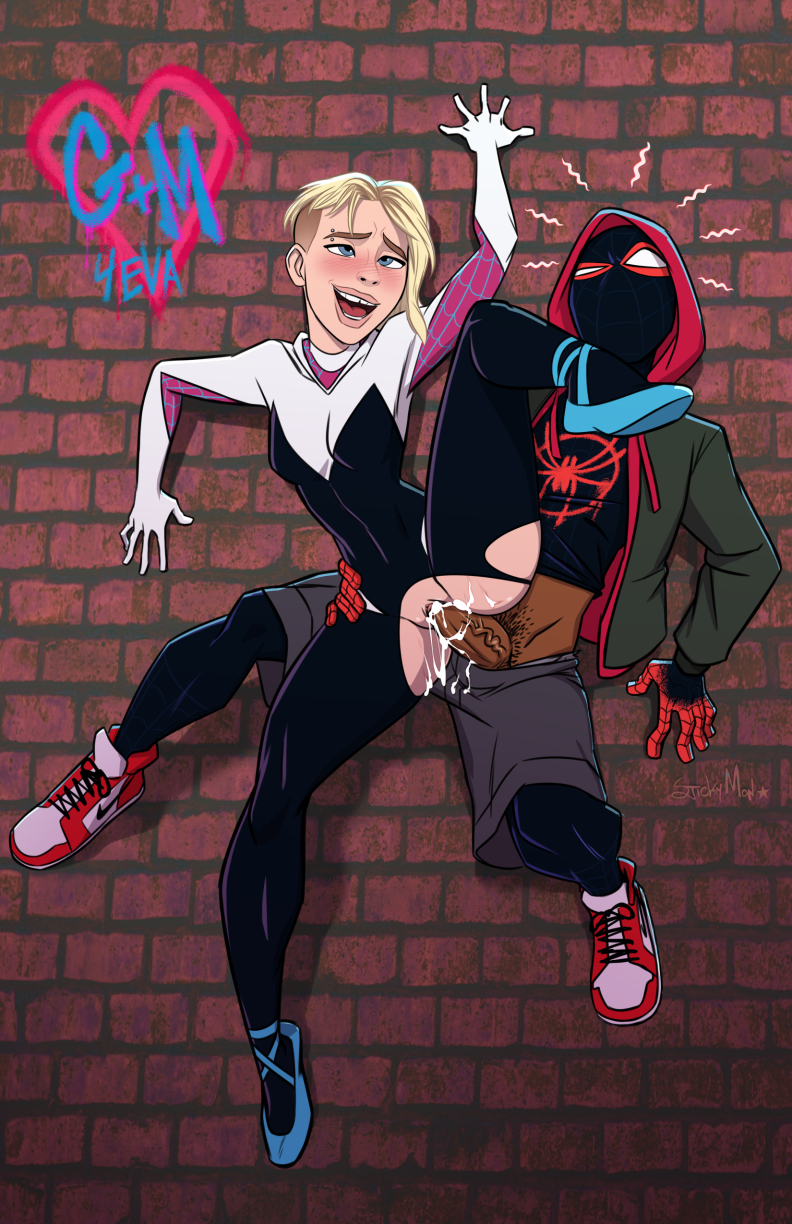 1boy 1girls against_wall asymmetrical_hair big_penis blonde_hair blue_eyes canon_couple clothed_sex clothing cum cum_in_pussy cum_inside dark-skinned_male dark_skin duo eyebrow_piercing female gwen_stacy gwen_stacy_(spider-verse) hair heart interracial male marvel mask miles_morales nike on_wall open_mouth penetration penis pussy sex shoes shorts spider-gwen spider-man:_into_the_spider-verse spider-man_(miles_morales) spider-man_(series) spider_sense stickymon straight straight_hair superhero superhero_costume superheroine torn_clothes uniform vaginal_penetration veiny wall