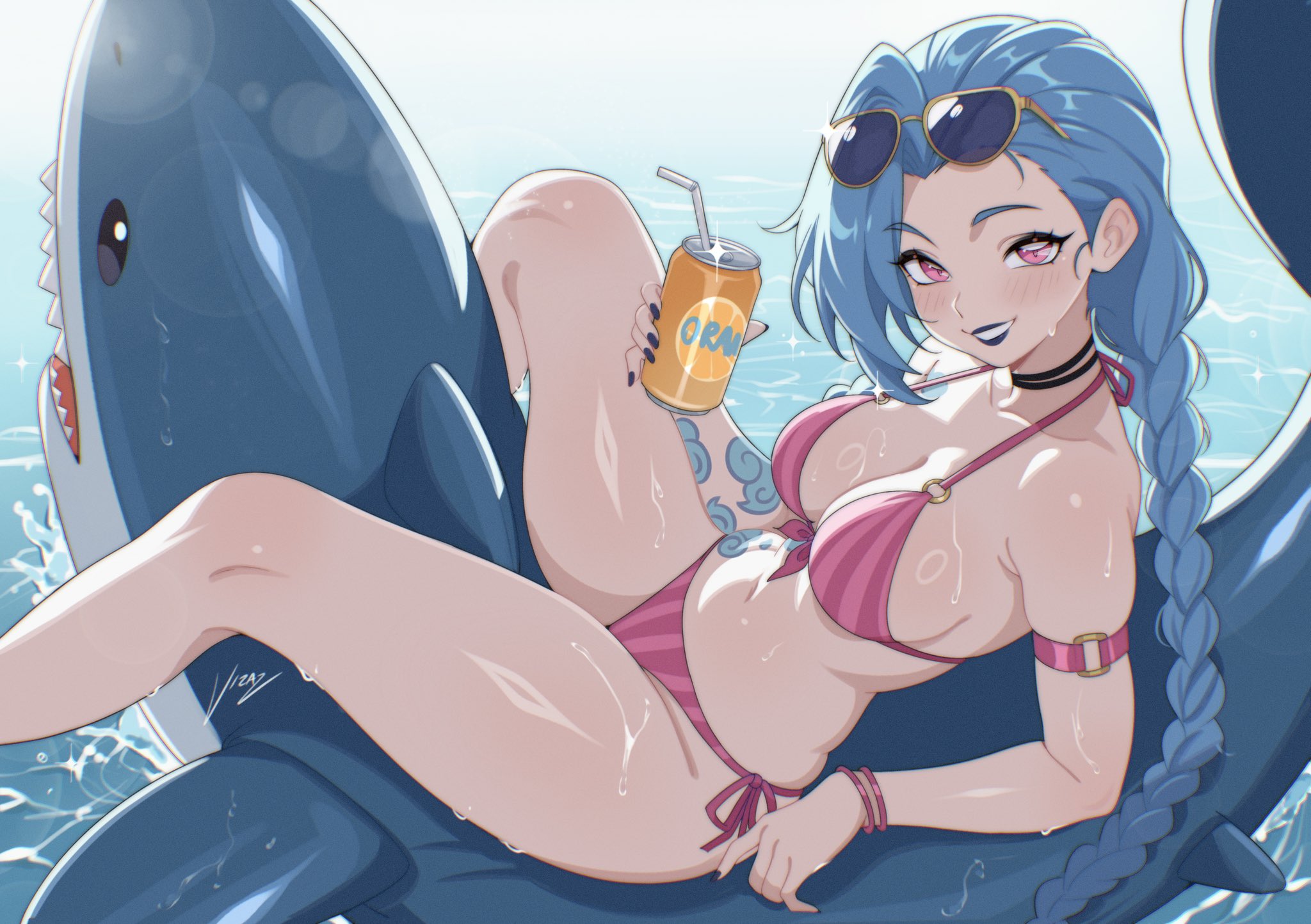 1girls, big breasts, bikini, curvaceous, curvy, curvy female, female, female focus, female only, jinx (league of legends), league of legends, light skin, light-skinned female, looking at viewer, slim waist, smile, smiling, smiling at viewer, solo, solo female, solo focus, swimsuit, thick thighs, thighs, vizaz, wide hips