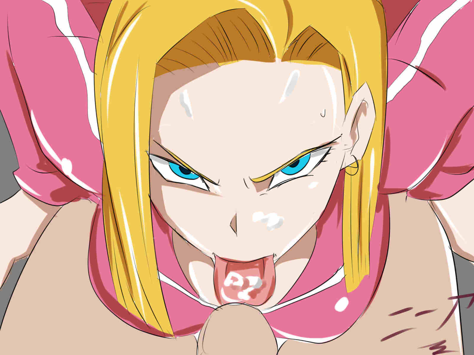 1boy 1girls android_18 angry angry_expression blonde_hair blue_eyes bob_cut breasts clothed_female_nude_male cum cum_in_mouth cum_on_face cum_on_tongue dragon_ball dragon_ball_super dragon_ball_z earrings eyebrows eyelashes facial fellatio female forehead from_above glaring highres hoop_earrings jacket jewelry large_breasts leaning_forward licking looking_at_viewer nier_(artist) nude oral partial_male penis pink_clothes pov pov_eye_contact scowl short_hair solo_focus straight tongue tongue_out track_jacket track_suit uncensored