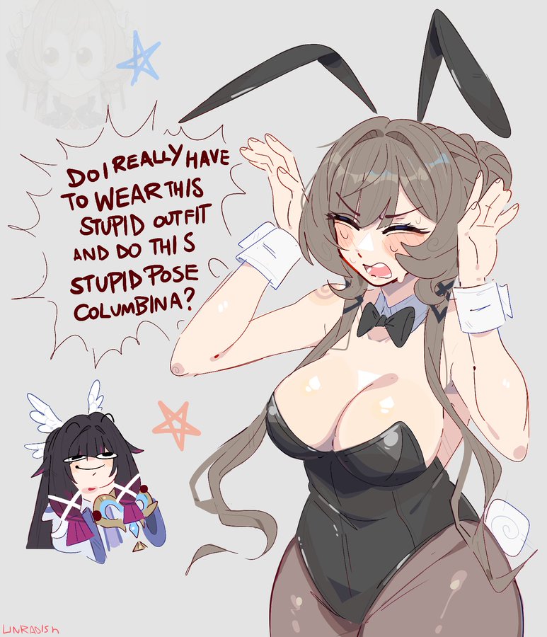 2026, 2girls, big breasts, breasts, bunny ears, bunnysuit, cleavage, columbina (genshin impact), female, female focus, female only, genshin impact, infamcantaloupe, large breasts, light skin, light-skinned female, looking at viewer, sandrone (genshin impact), thick thighs, thighs, unfamousradish, wide hips, yuri