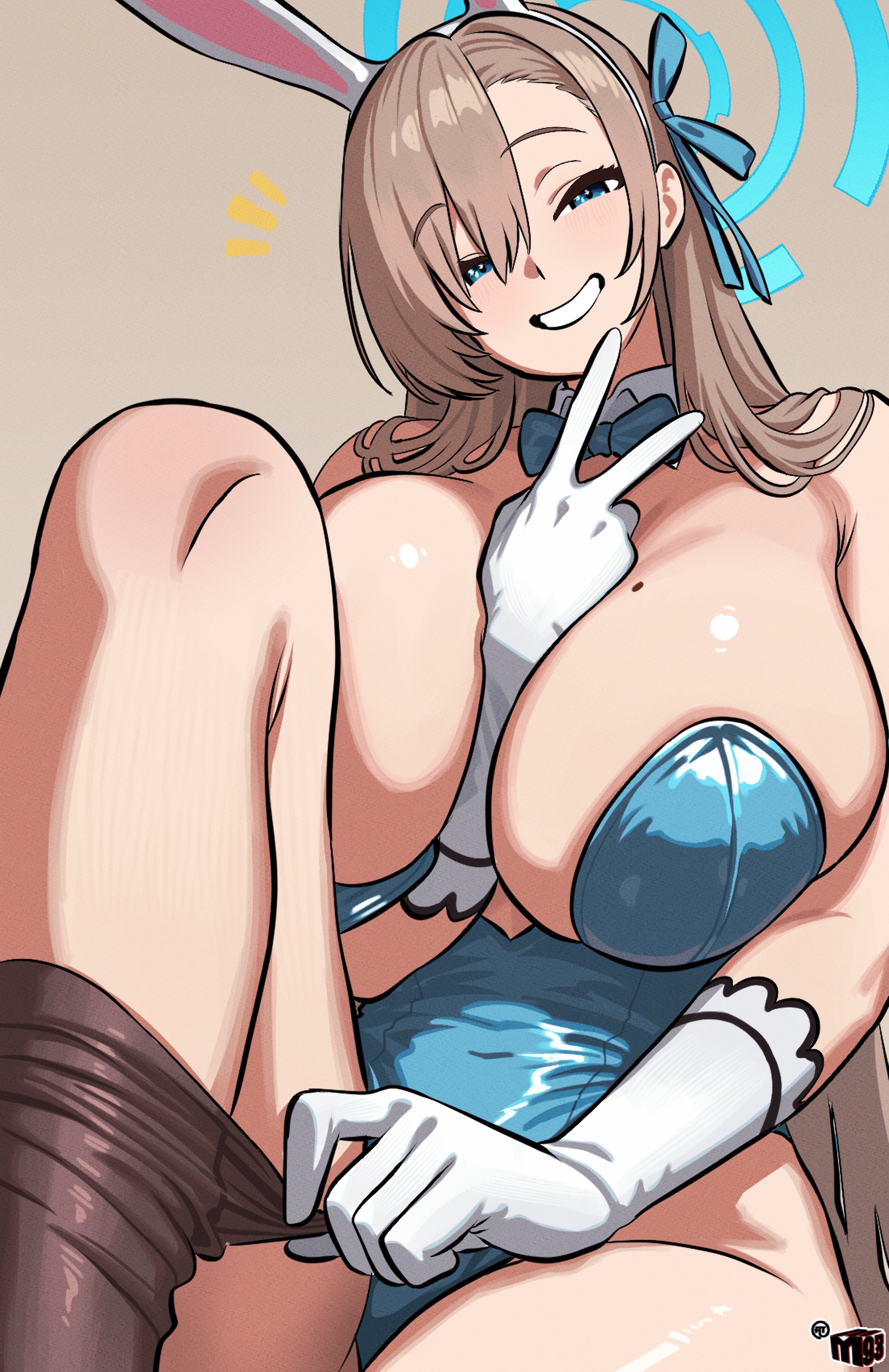 asuna (blue archive), blonde hair, blue archive, blue eyes, bunny ears, bunnysuit, cleavage, female, female only, grin, huge breasts, long hair, looking at viewer, mewmaster93, mole, pantyhose, v