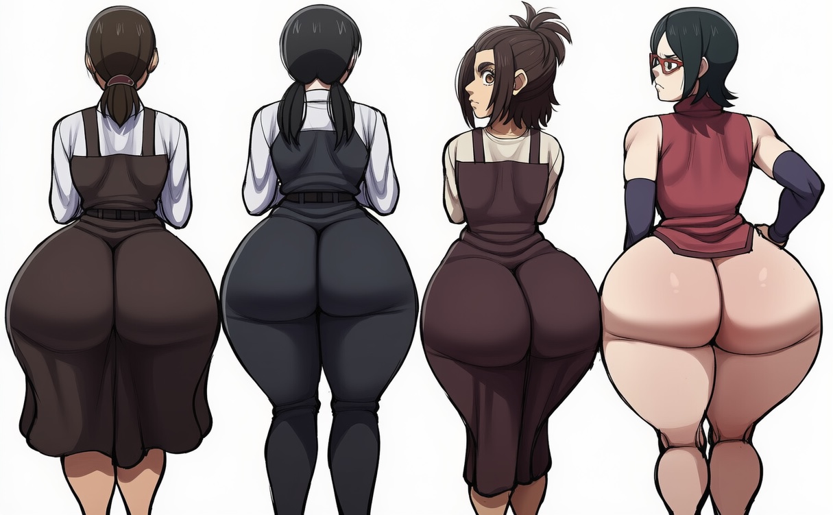 ai generated, ass chart, attack on titan, big ass, boruto: naruto next generations, chainsaw man, gabi braun, mitaka asa, naruto (series), novelai, sarada uchiha, shingeki no kyojin, ymir (shingeki no kyojin)