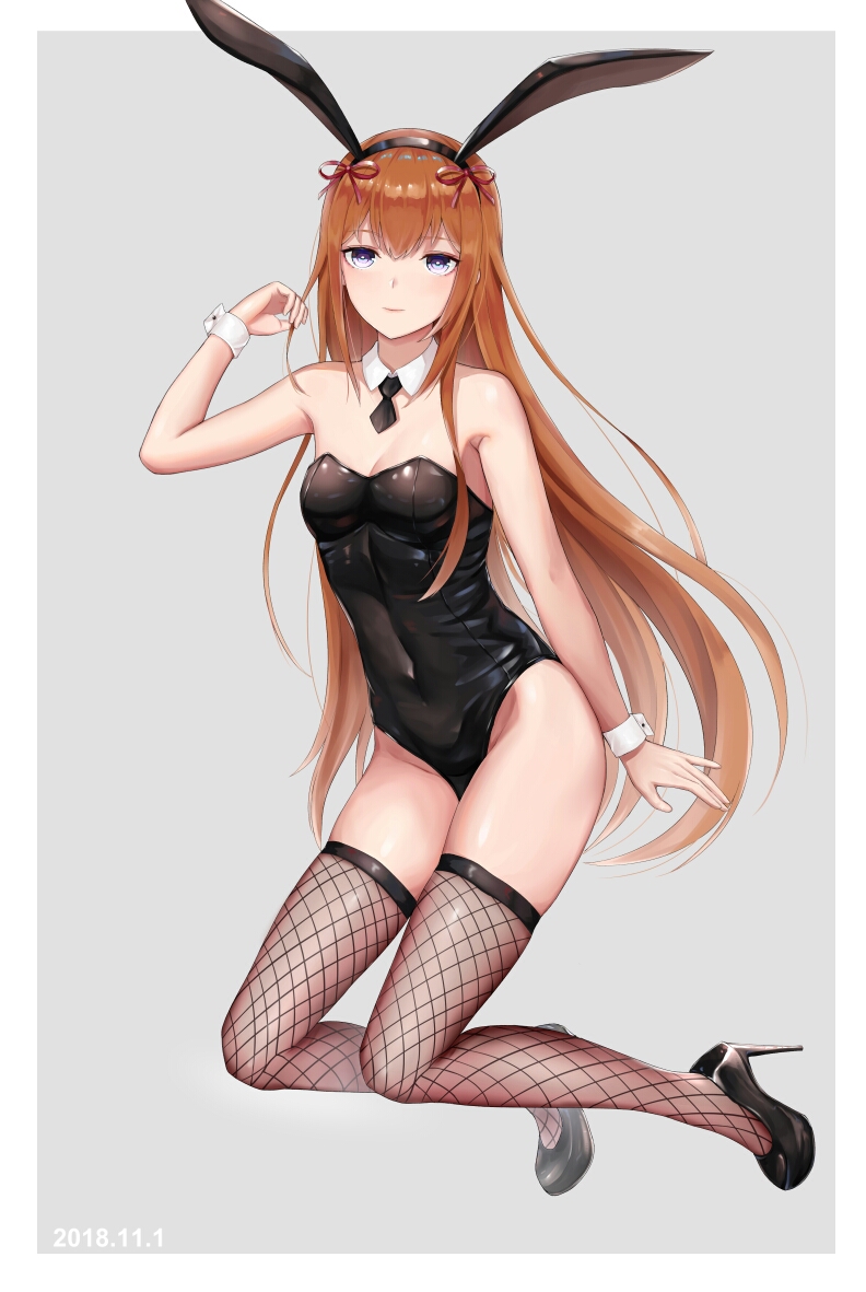 1girls, bunny ears, bunny girl, bunnysuit, female, female only, fishnets, high heels, makise kurisu, solo, steins;gate