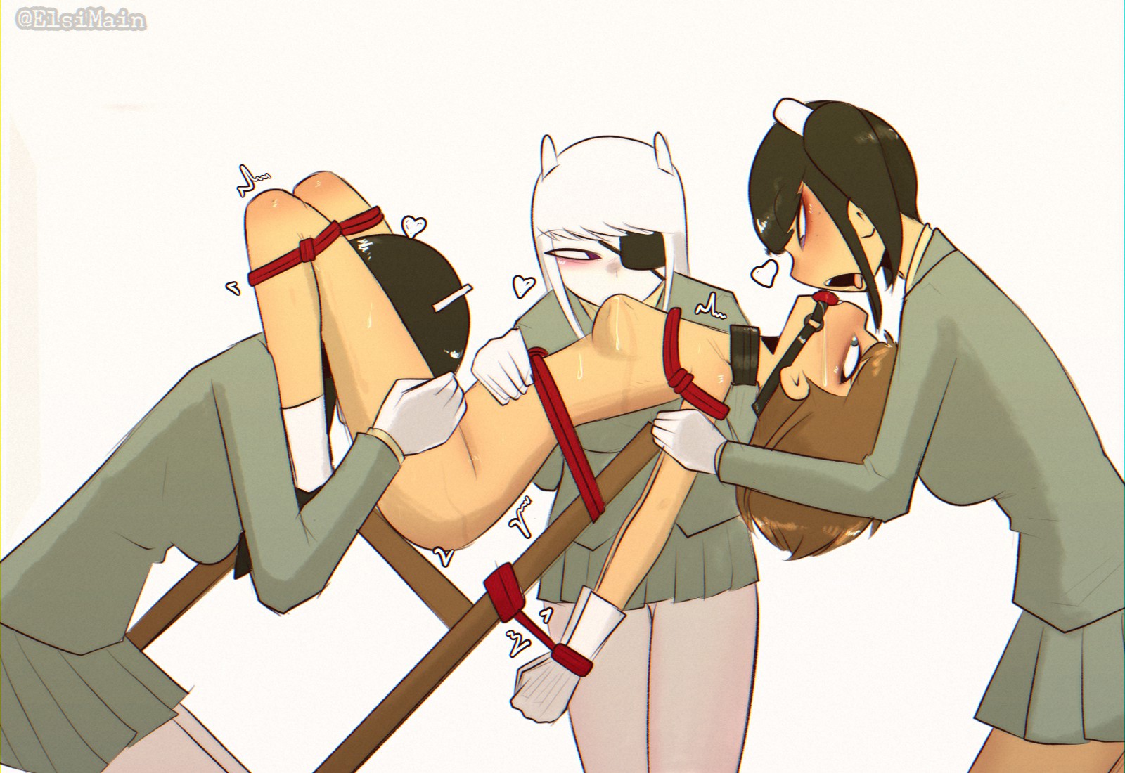 2025, 2d, 4girls, arms behind back, ball gag, bdsm, black hair, black-haired female, blush, blushing, blushing female, bondage, bound, bound legs, bound to chair, bound wrists, breasts, brown hair, brown-haired female, cfnf, chair, clothed, clothed female, clothed female nude female, collar, collar only, cunnilingus, drooling, elsimain, eyepatch, female, female only, femdom, femsub, foursome, frogtie, gag, gagged, gagged drooling, gagged female, hi res, human, human female, human only, kiara (elsimain), lezdom, lezsub, light skin, light-skinned female, mami (elsimain), multiple girls, naomi (elsimain), nipple stimulation, nude, nude female, open mouth, original, pale skin, pale-skinned female, red ball gag, restrained, restrained female, rope, rope bondage, saliva, saliva string, saliva trail, school uniform, side view, simple background, sitting on chair, student, student and teacher, student dom, sucking breasts, sucking nipples, teacher, teacher and student, teacher sub, tied legs, tied to chair, tied wrists, twitter username, uniform, uniform female, ursula (elsimain), white background, white hair, white-haired female, yuri