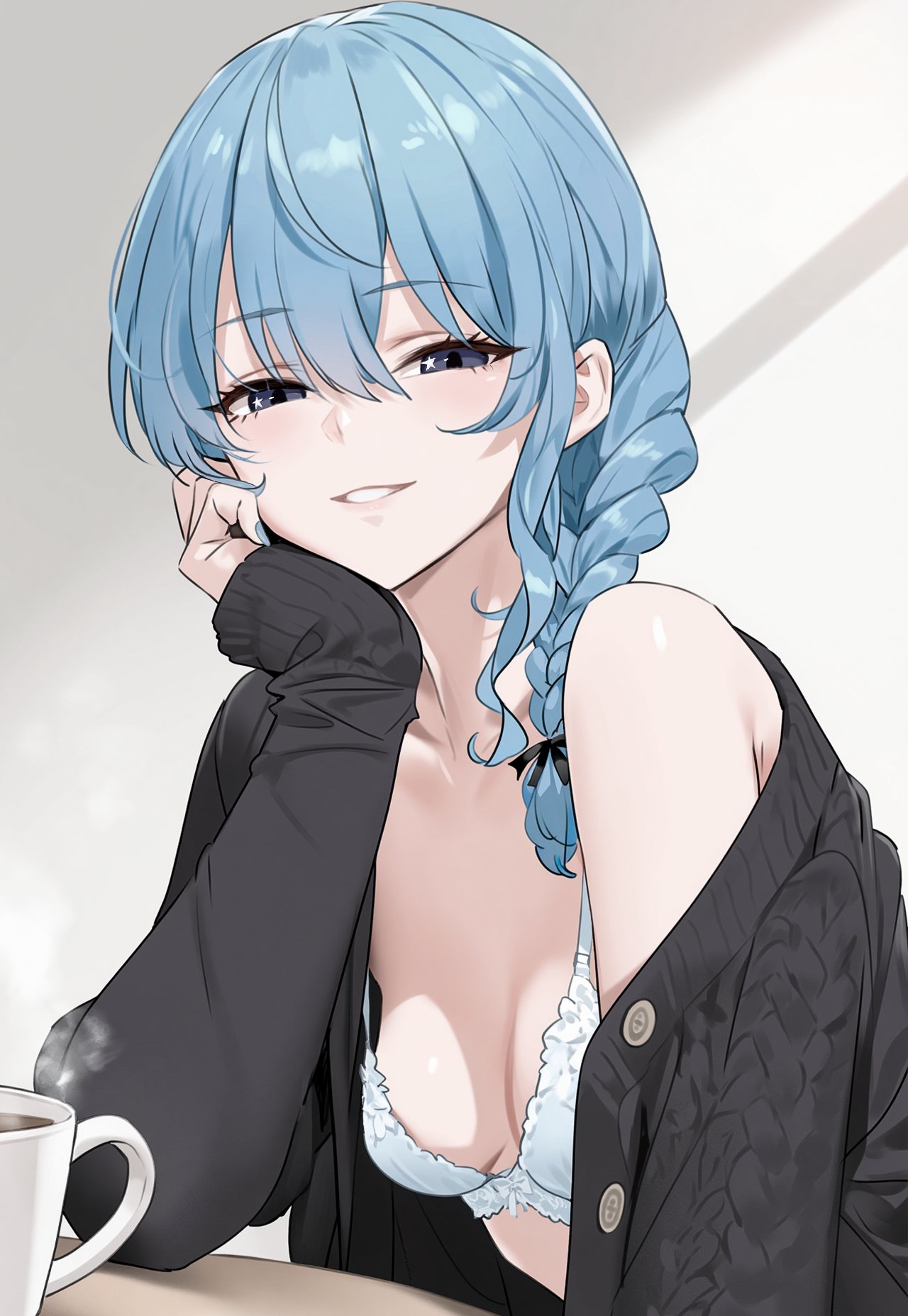 1girls, blue hair, female, hololive, hololive japan, hoshimachi suisei, navel rennat, off shoulder, open jacket, short hair, small breasts, solo, virtual youtuber, vtuber