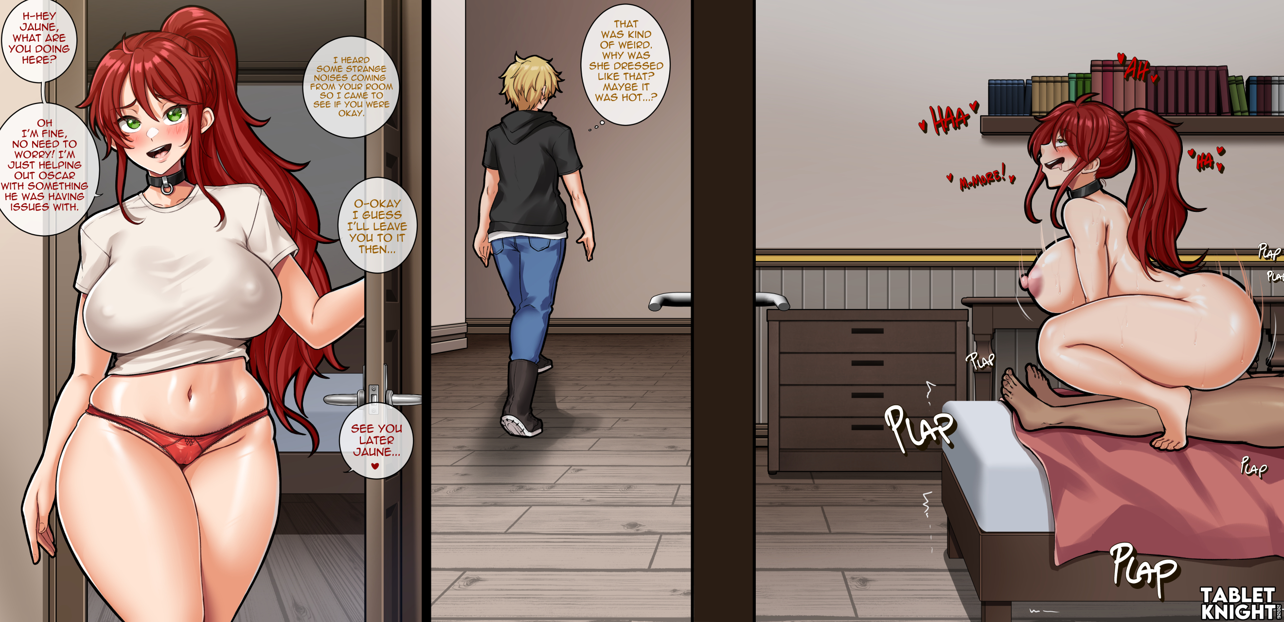 2koma, almost caught, blonde hair, blue eyes, bouncing, breasts, casual clothes, cheating, cheating girlfriend, dialogue, english, english text, female, green eyes, jaune arc, light skin, light-skinned female, light-skinned male, male, multiple males, netorare, ntr, oblivious, oscar pine, ponytail, pyrrha nikos, red hair, reverse cowgirl position, rwby, secret sex, straddling, straddling lap, tabletknight, tan body, tan skin, text