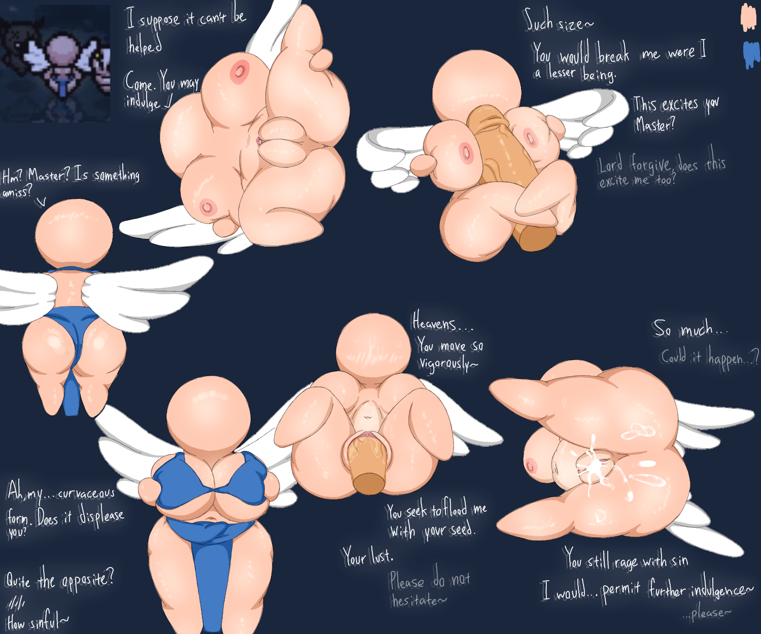 6:5, angel, big breasts, big butt, bodily fluids, bottomwear, bra, breast play, breast squeeze, breasts, butt, clothing, crane (artist), cum, cum inside, duo, english text, faceless character, familiar, feathered wings, feathers, featureless face, female, genital fluids, genitals, hi res, human, humanoid, leaking cum, loincloth, male, male/female, mammal, master, penetration, penile, penile penetration, penis, plump labia, presenting, presenting vulva, rear view, seraph (angel), sex, size difference, smaller female, spread legs, spreading, squeezing, text, the binding of isaac, thick thighs, titfuck, underwear, uriel (the binding of isaac), vaginal, vaginal penetration, vulva, wings