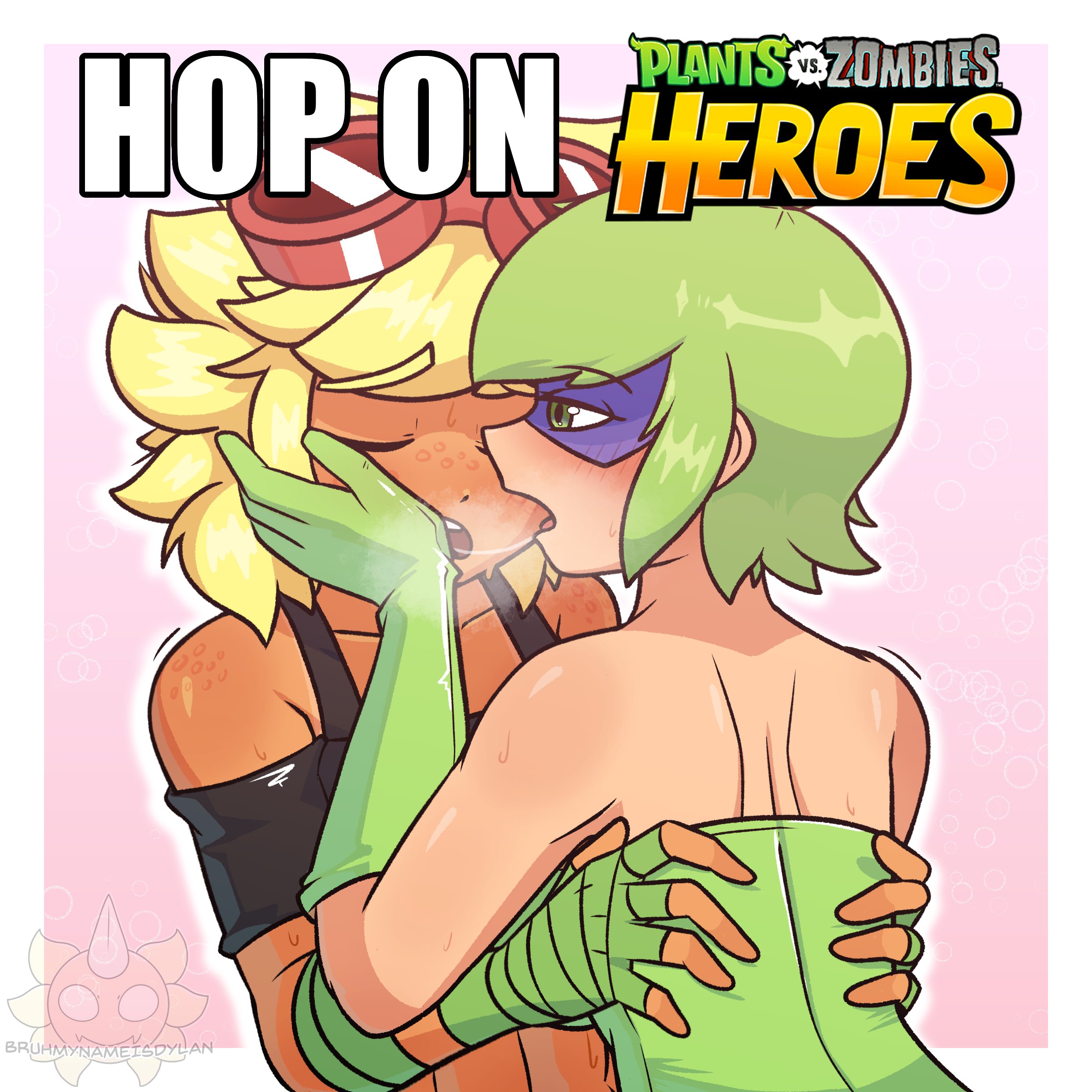 2girls, ass, big breasts, blush, breasts, bruhmynameisdylan, caption, electronic arts, female, flora fauna, freckles, green shadow (pvz), hop on (meme), kissing, meme, meme caption, peashooter (pvz), plant, plants vs zombies, plants vs zombies: heroes, plants vs. zombies, popcap games, saliva, saliva string, saliva trail, solar flare (pvz), sunflower (pvz), superheroine, sweat, sweatdrop, sweating, sweaty, sweaty body, tagme, text, video game character, video games, yuri