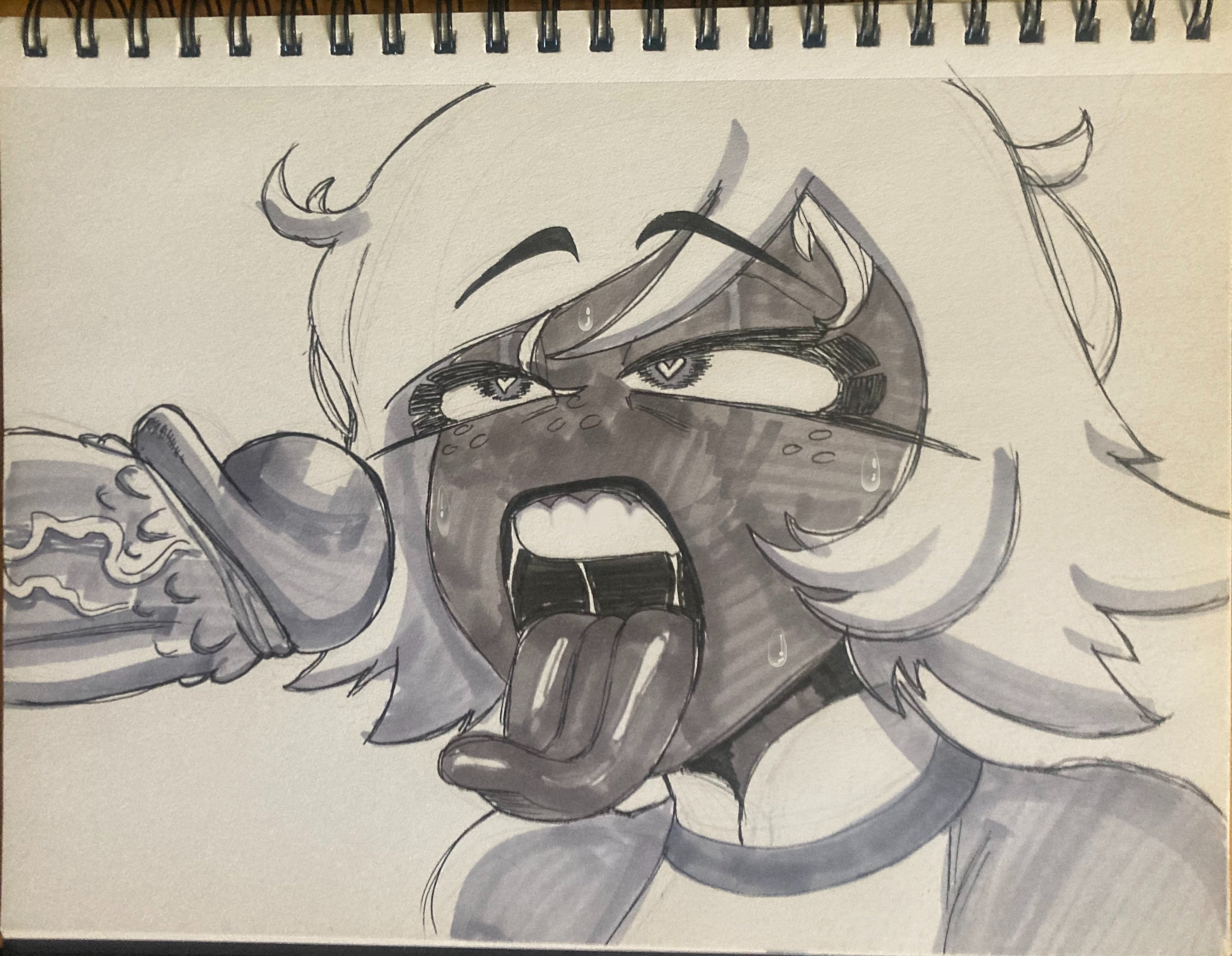 1girls, dark-skinned female, emily (hazbin hotel), half-closed eyes, hazbin hotel, heart-shaped pupils, imminent fellatio, lemonsqueeze, penis, photo, sketch, solo female, solo focus, tongue, tongue out, traditional art, traditional media (artwork), upper body, upper teeth only