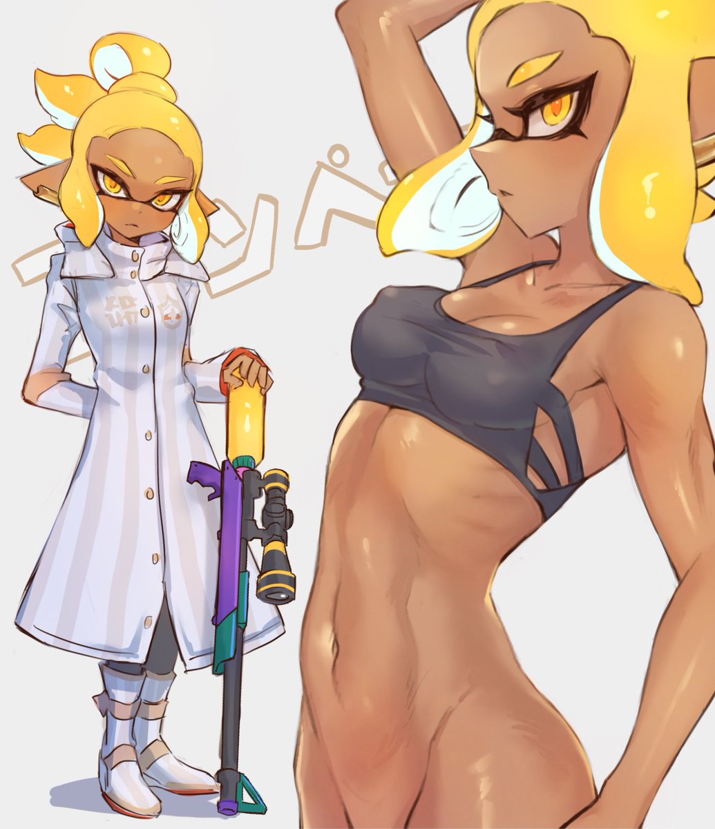 boots bottomless bra breasts coat dark-skinned_female dark_skin female female_only gun inkling jtveemo n-pacer navel nintendo nipple_bulge no_panties out-of-frame_censoring pose posing splatoon splatoon_(manga) stomach yellow_eyes yellow_hair