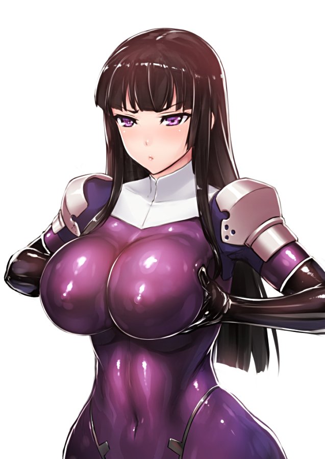 1girls, big breasts, black hair, bodysuit, breast grab, breast hold, breast press, breasts, clothed, erect nipples, female, holding breast, huge breasts, kamori sayaka, latex, navel, nipples, purple eyes, rindou (radical dream), shiny, shiny clothes, simple background, skin tight, solo, tagme, white background