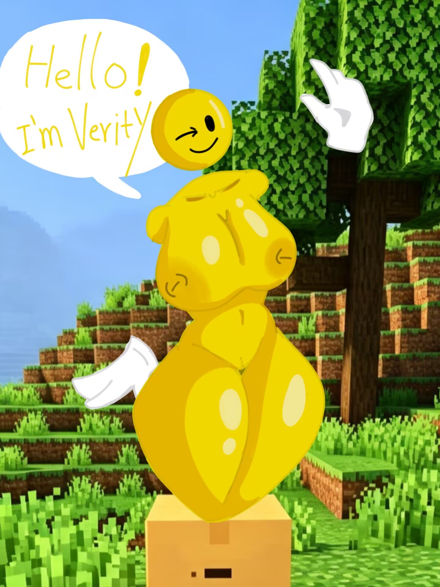 1girls, areolae, big breasts, blue sky, collarbone, day, english text, floating hands, genderswap (mtf), grass, huge breasts, minecraft, minecraft background, navel, nipples, outside, pussy, rule 63, solo, text, tree, verity (thatmob), yellow body, yellow skin