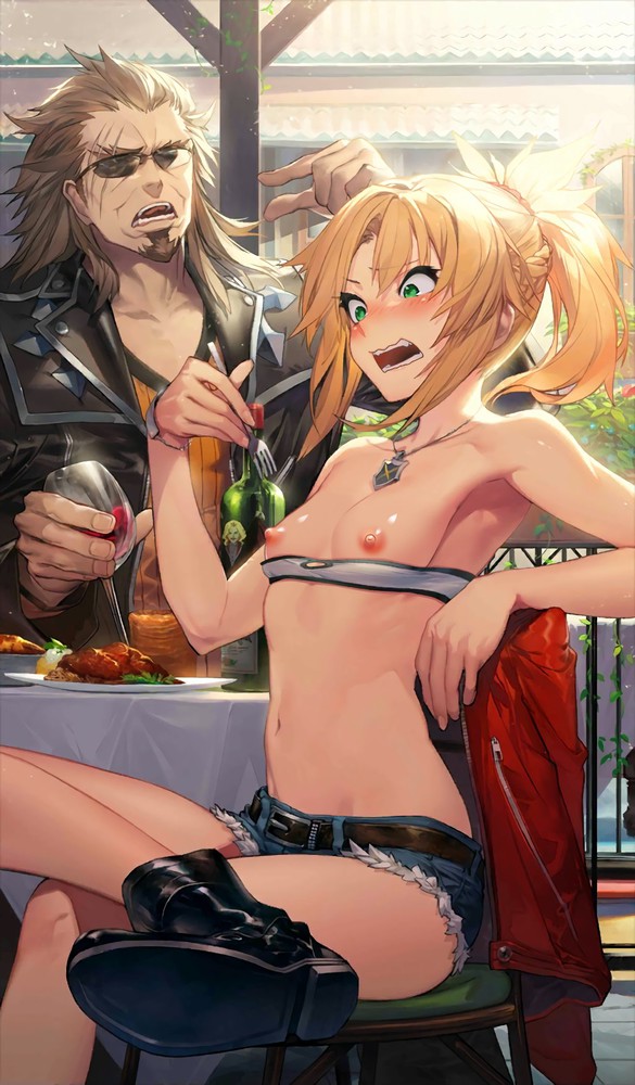 armpits bandeau bangs bare_shoulders blonde_hair blush braid breasts breasts_out clavicle duo embarrassed fate/apocrypha fate_(series) flat_chest green_eyes jewelry midriff mordred_(fate) navel necklace nipples nose_blush open_clothes open_mouth outdoor_nudity outdoors pettanko ponytail shiny shiny_skin shishigou_kairi short_hair shorts sidelocks small_breasts surprised teeth thighs tied_hair topless wardrobe_malfunction