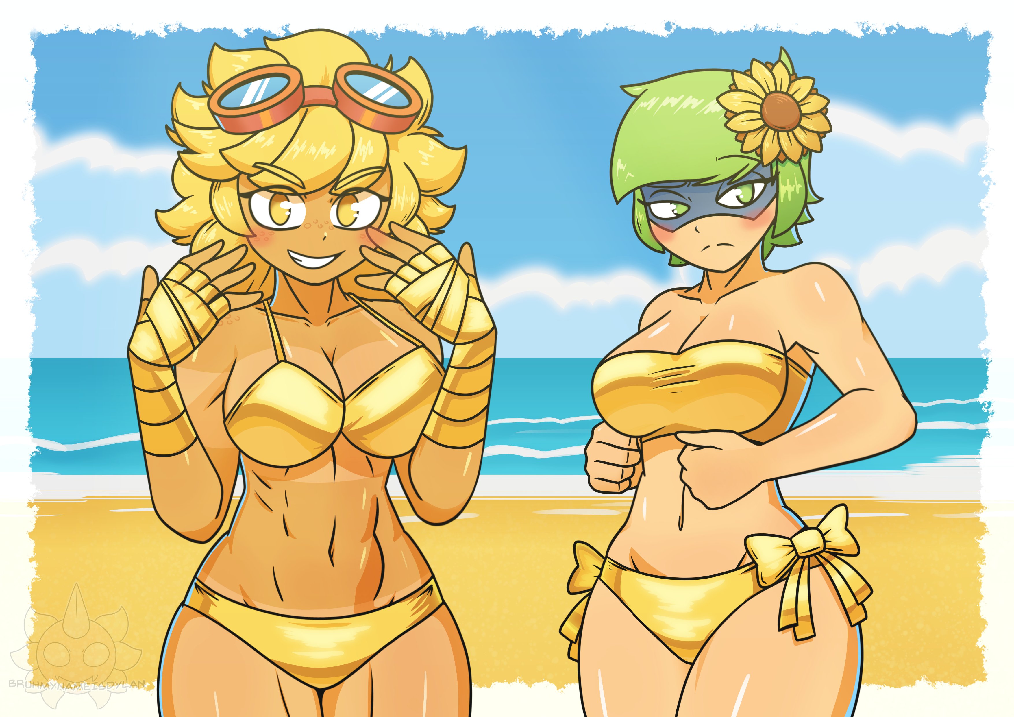 2girls, abs, ass, beach, big breasts, bikini, blush, breasts, bruhmynameisdylan, electronic arts, female, flora fauna, flower, flower in hair, freckles, golden bikini, golden week, green eyes, green shadow (pvz), peashooter (pvz), plant, plants vs zombies, plants vs zombies: heroes, plants vs. zombies, popcap games, questionable, solar flare (pvz), sunflower, sunflower (pvz), superheroine, tagme, tan skin, tan-skinned female, text, video game character, video games