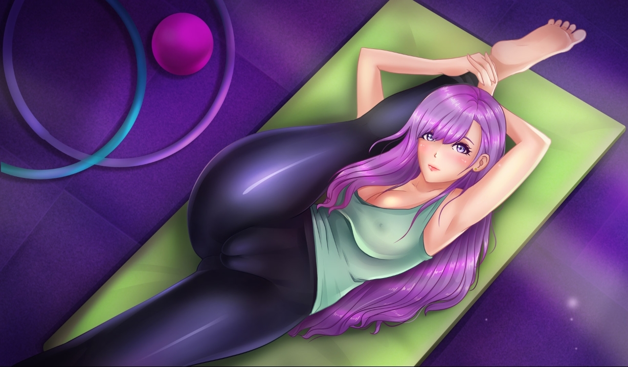 armpit, ass, big ass, big breasts, breasts, cameltoe, dominique (fap ceo), fap ceo, female, flexible, hoola-hoop, looking at viewer, nutaku, purple eyes, purple hair, pussy, yoga, yoga ball, yoga mat, yoga pants