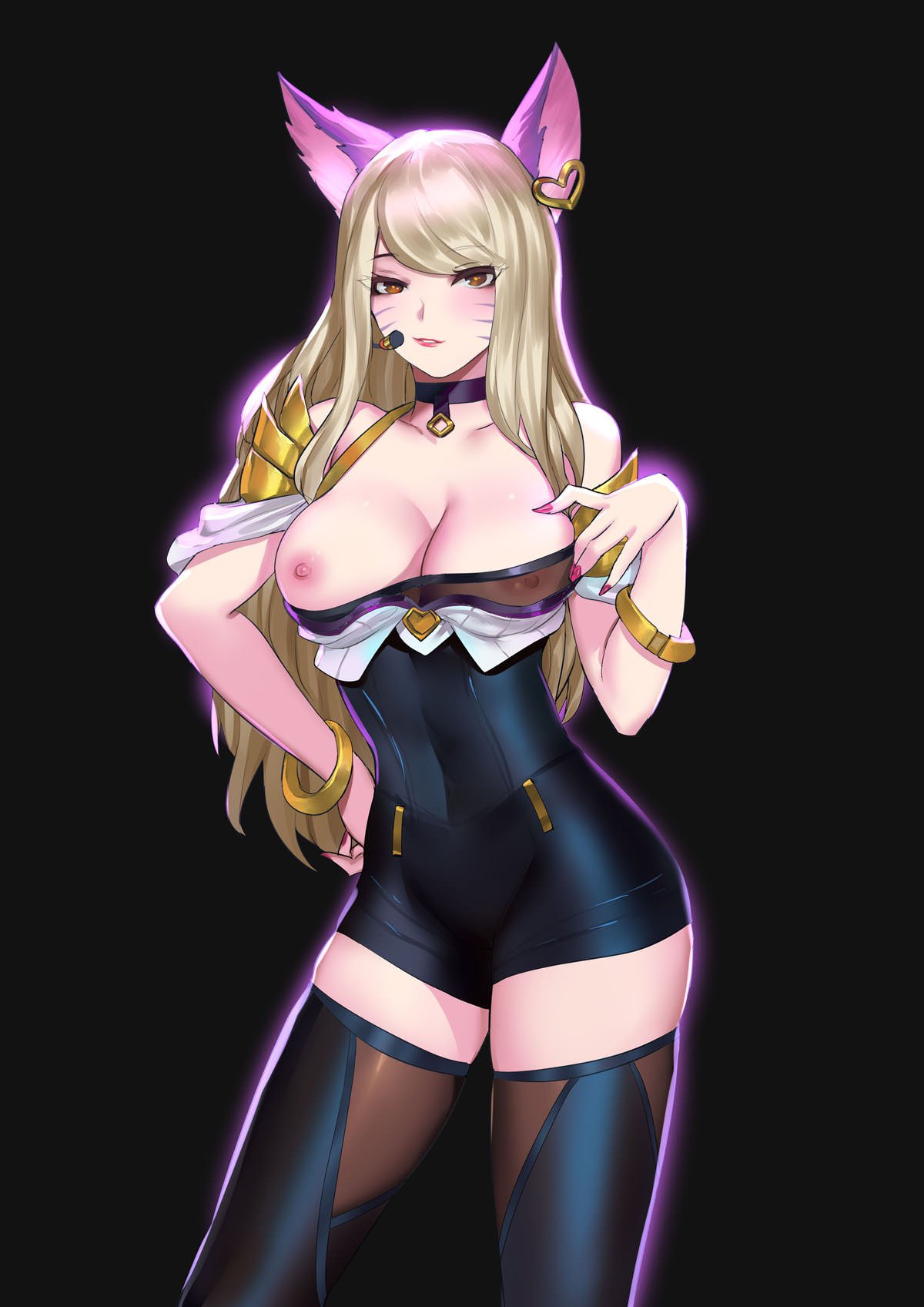 1girls ahri alternate_costume animal_ears areolae big_breasts blonde_hair breasts breasts_out female k/da_ahri k/da_series large_breasts league_of_legends lipstick long_fingernails long_hair nipple_slip nipples orange_eyes pd pink_nails solo standing thick_thighs thighhighs thighs_grab