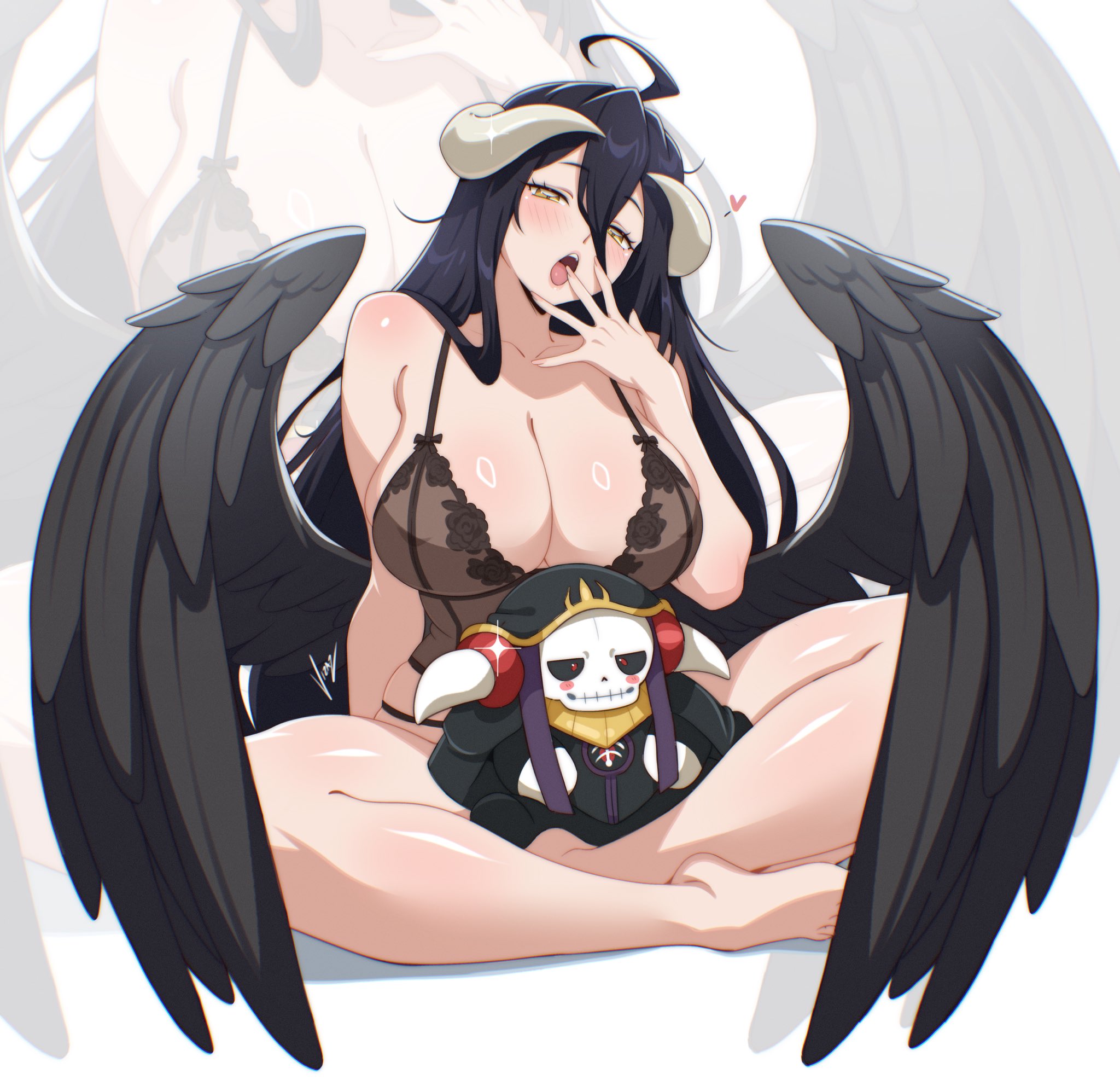 1girls, albedo (overlord), big breasts, blush, blushing, blushing at viewer, curvaceous, curvy, curvy female, demon girl, female, female focus, female only, huge breasts, large breasts, light skin, light-skinned female, looking at viewer, overlord (maruyama), slim waist, solo, solo female, solo focus, succubus, succubus horns, thick thighs, thighs, vizaz, wide hips