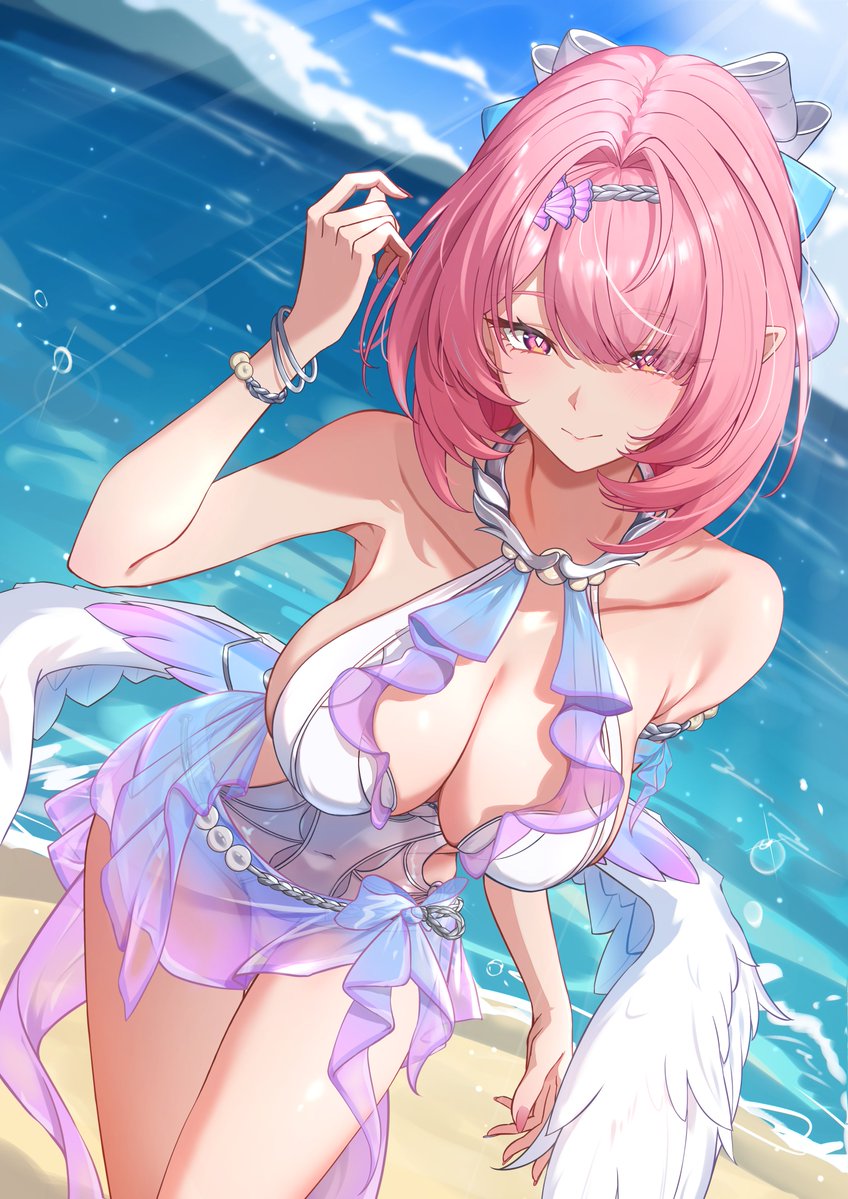 1girls, artist request, big breasts, breasts, breasts out, colored nails, exposed breasts, female, female only, large breasts, long nails, official alternate costume, one-piece swimsuit, painted nails, pink hair, purple eyes, red nails, remielle (zenless zone zero), remielle dan, remielle dan (seashade pas seul), short hair, swimsuit, white one-piece swimsuit, white swimsuit, white wings, wings, zenless zone zero