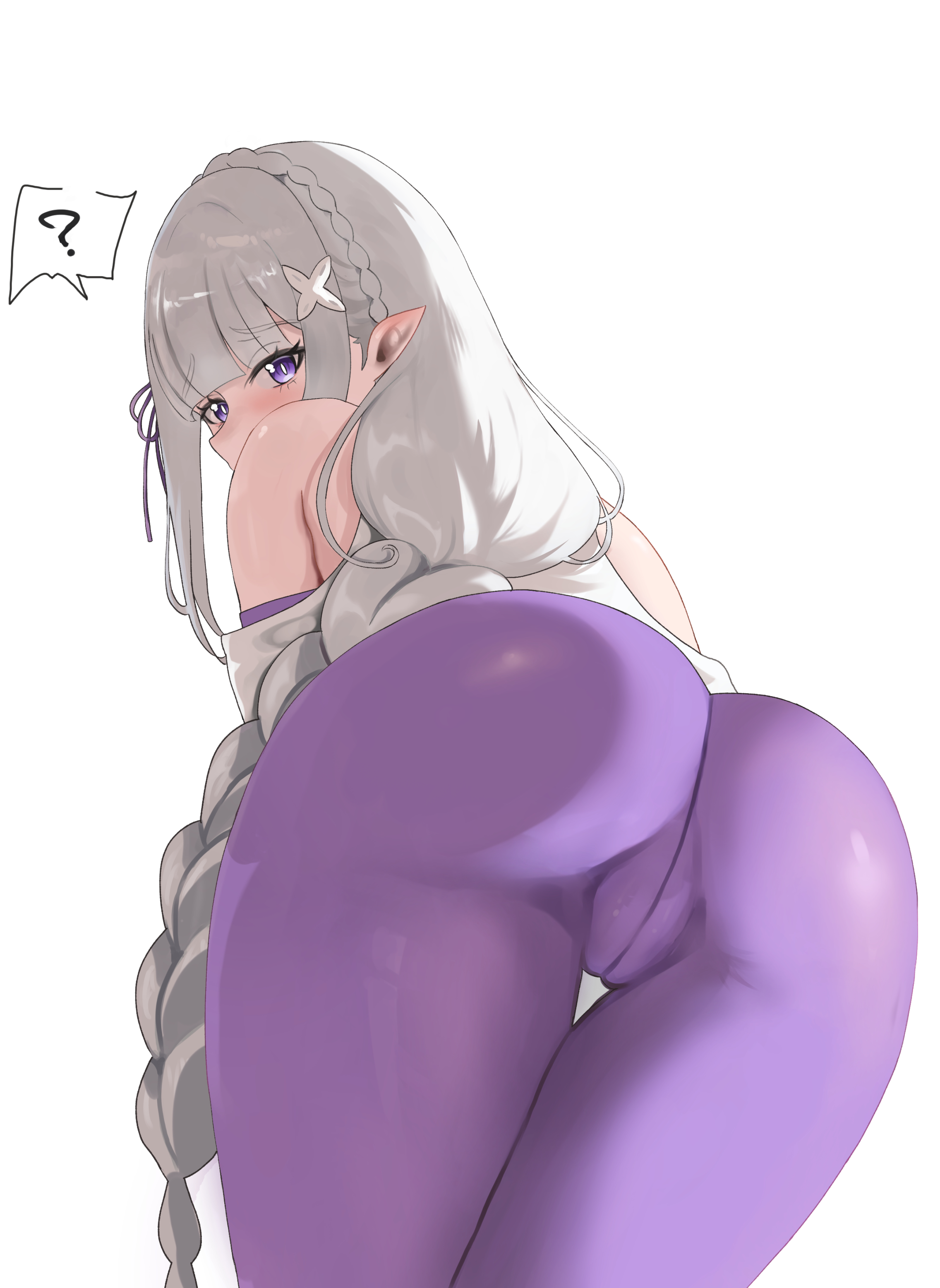 ?, 1girl, absurdres, ass, blush, bodysuit, braid, braided ponytail, elf, emilia (re:zero), hair ornament, highres, long hair, looking at viewer, official alternate costume, pointy ears, purple bodysuit, re:zero kara hajimeru isekai seikatsu, solo, sorrow924, spoken question mark, very long hair, white hair, x hair ornament