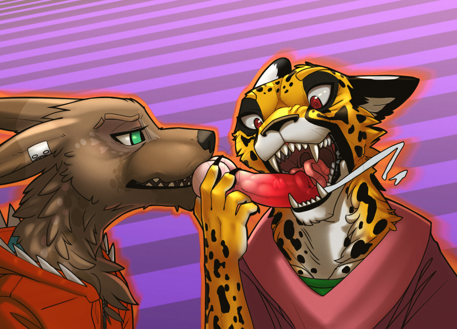 2018 2boys canine cheetah diphallia diphallism duo feline male male_only mammal monophallia multi_penis open_mouth penis penis_tongue simple_background syynx syynx_(character) tongue yaoi