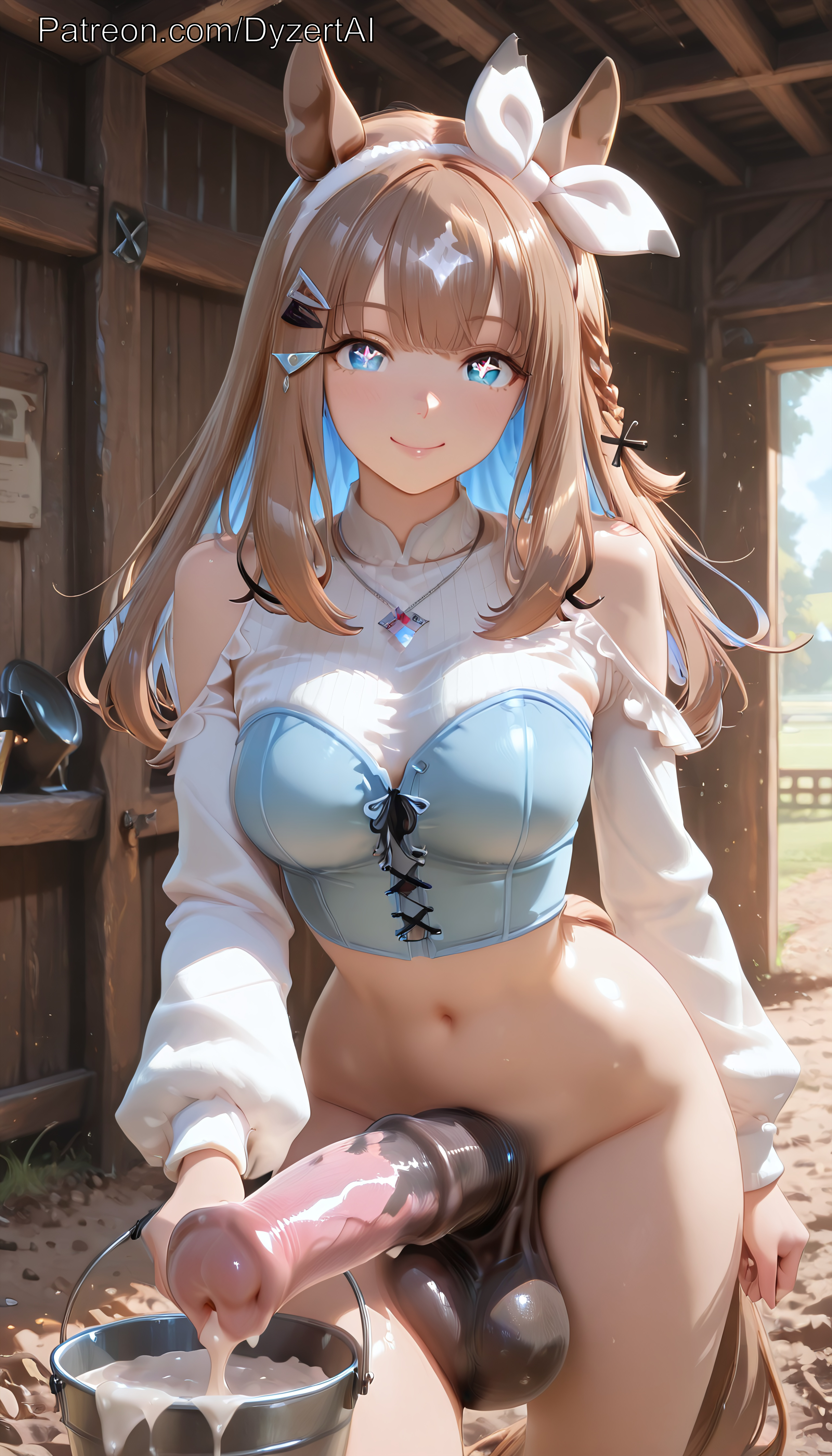1futa, 2026, ai generated, almond eye (umamusume), animal ears, animal genitalia, animal penis, animal tail, balls, barn, blue eyes, breasts, brown hair, cock, cum, cum bucket, cum drip, cum in bucket, cum in container, cute clothing, day, dyzertai, futanari, hair ornament, horse ears, horse girl, horse penis, horse tail, horsecock, horsecock futa, horsecock on humanoid, huge balls, huge cock, huge penis, huge testicles, long hair, long sleeves, looking at viewer, medium breasts, penis, self upload, solo, testicles, umamusume, umamusume futanari