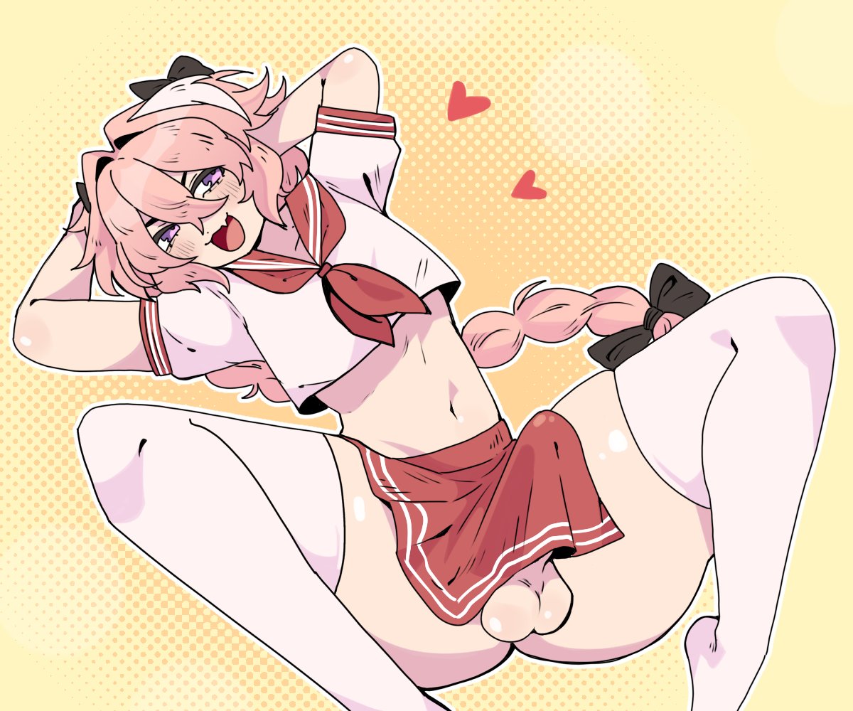 1boy, astolfo (fate), balls, big balls, big penis, erection under clothes, erection under skirt, fate (series), femboy, light skin, light-skinned male, looking at viewer, male, male only, mido66, penis, smug, solo, solo male, twink